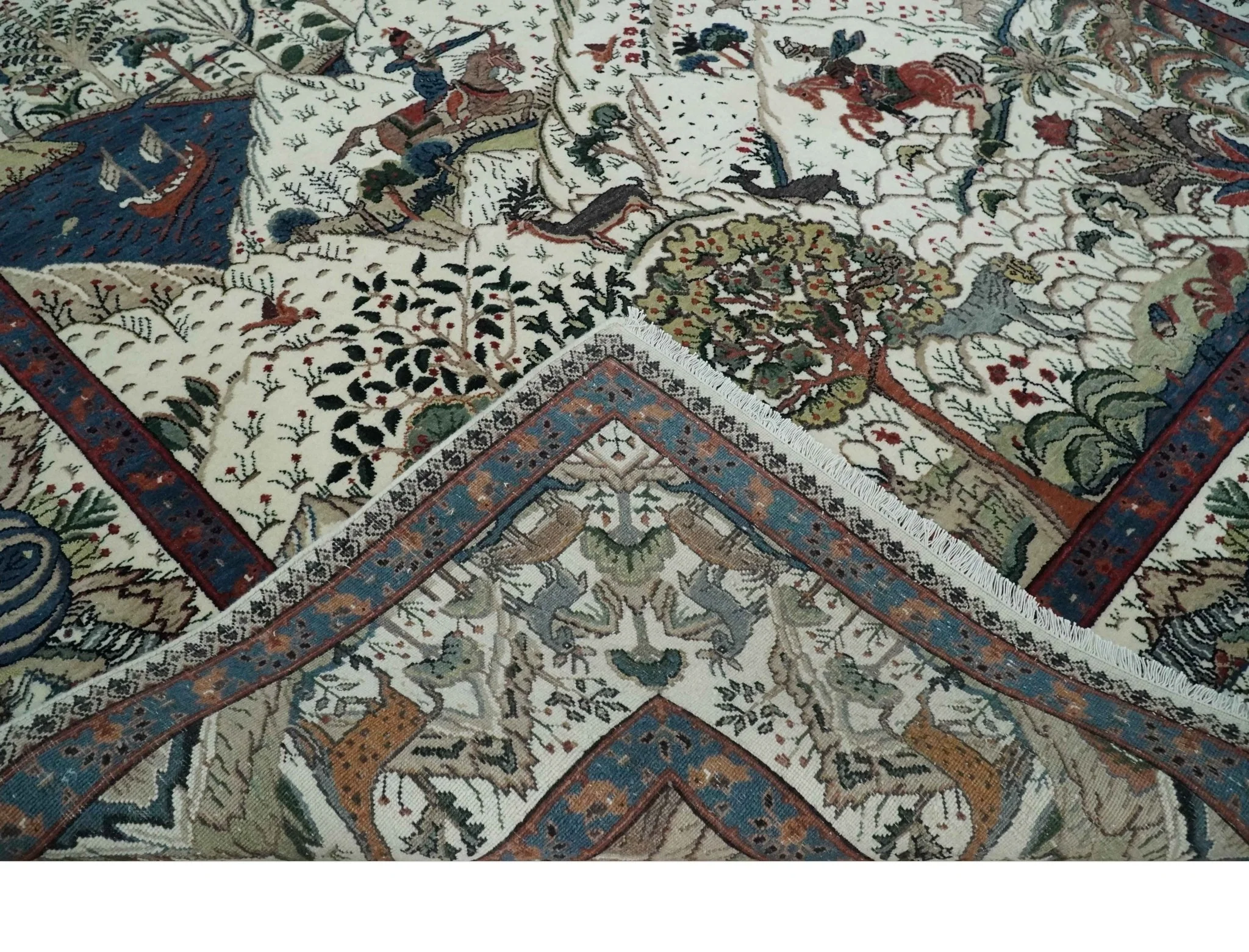 The Jungle Life Hunter and the King Animal Tree Rug Hand Knotted Ivory and Olive Wool - Image 7