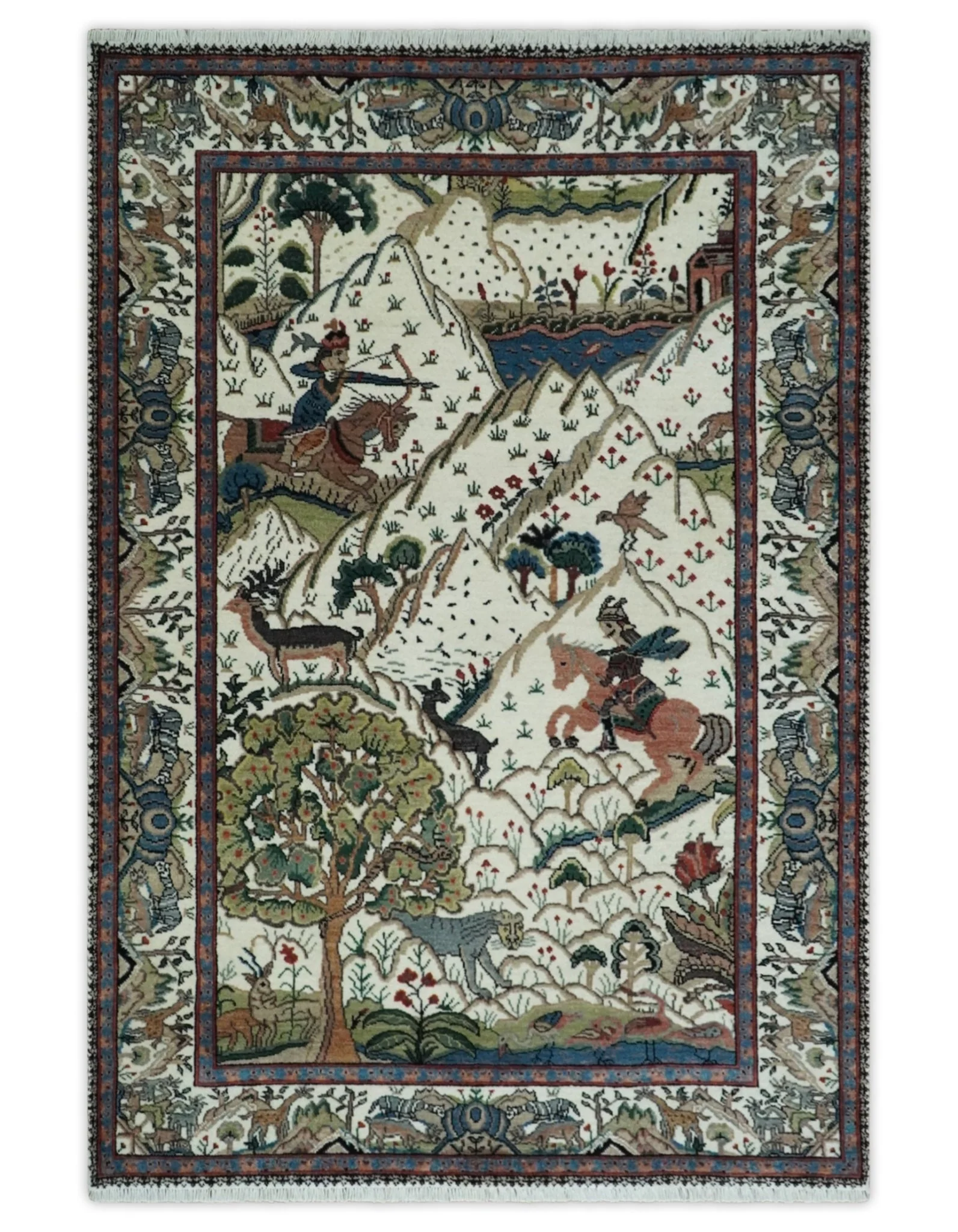 The Jungle Life Hunter and the King Animal Tree Rug Hand Knotted Ivory and Olive Wool - Image 9