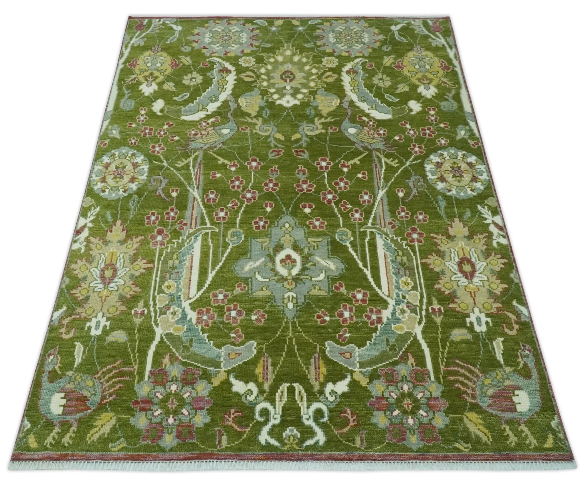 The Peacock Garden Green Bird Hand Knotted 8x10 and 9x12 Wool Area Rug - Image 11