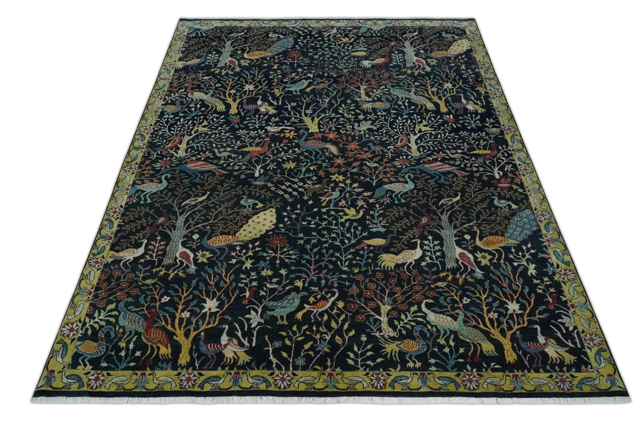 Fine The Jungle Life Peacock on tree Rug 8x10, 9x12 Hand Knotted Black and Mustard Wool Rug - Image 10