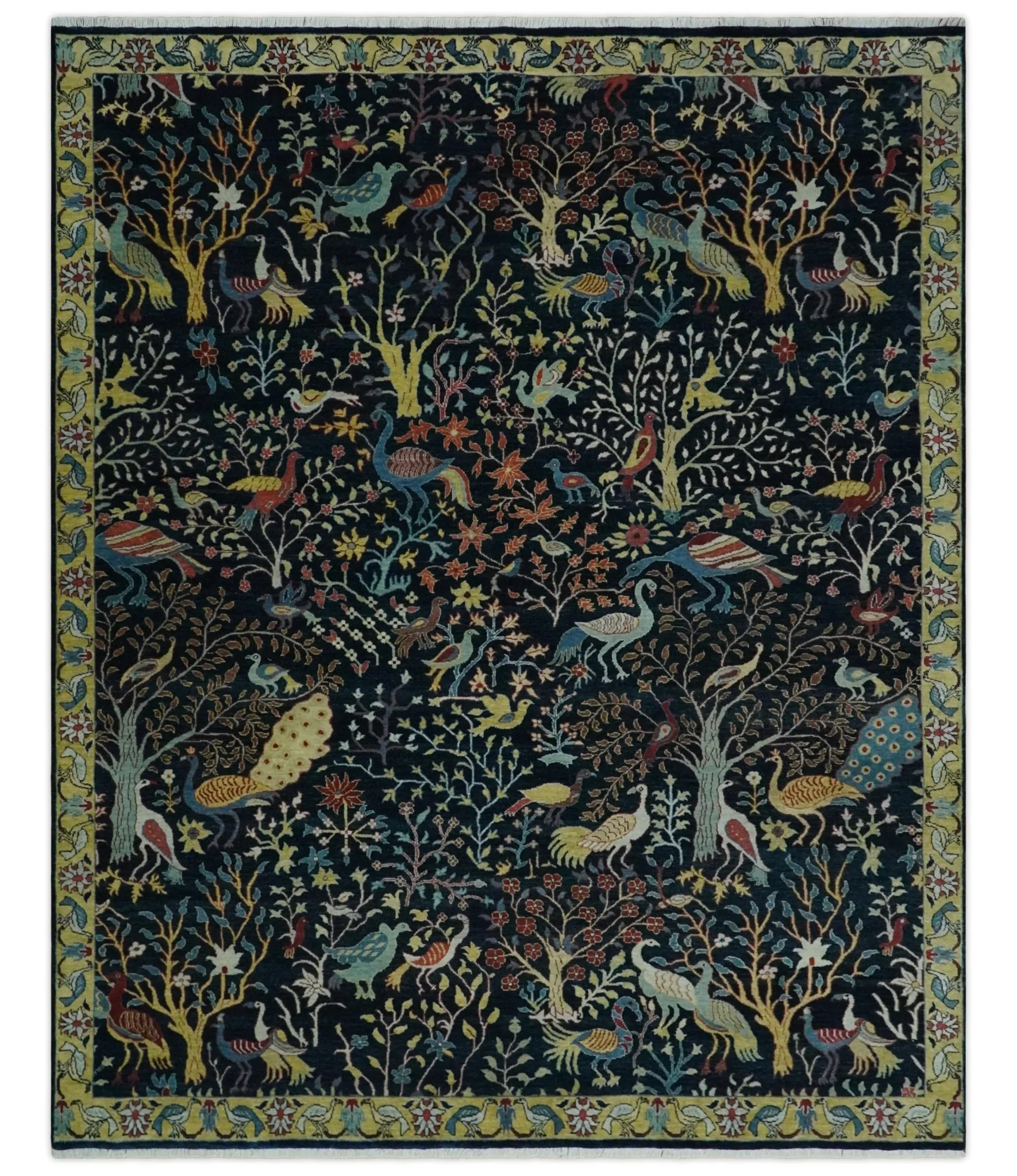 Fine The Jungle Life Peacock on tree Rug 8x10, 9x12 Hand Knotted Black and Mustard Wool Rug - Image 11