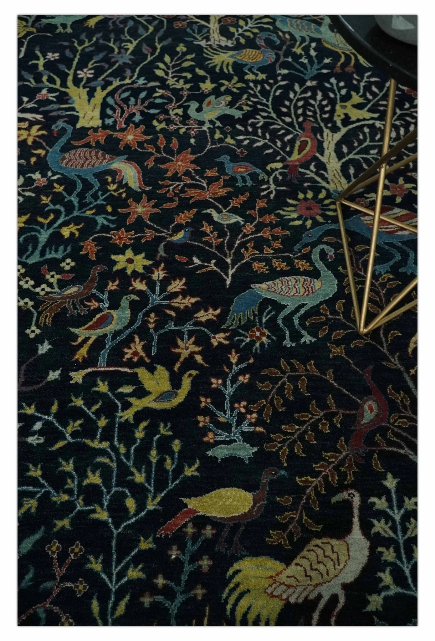 Fine The Jungle Life Peacock on tree Rug 8x10, 9x12 Hand Knotted Black and Mustard Wool Rug - Image 2