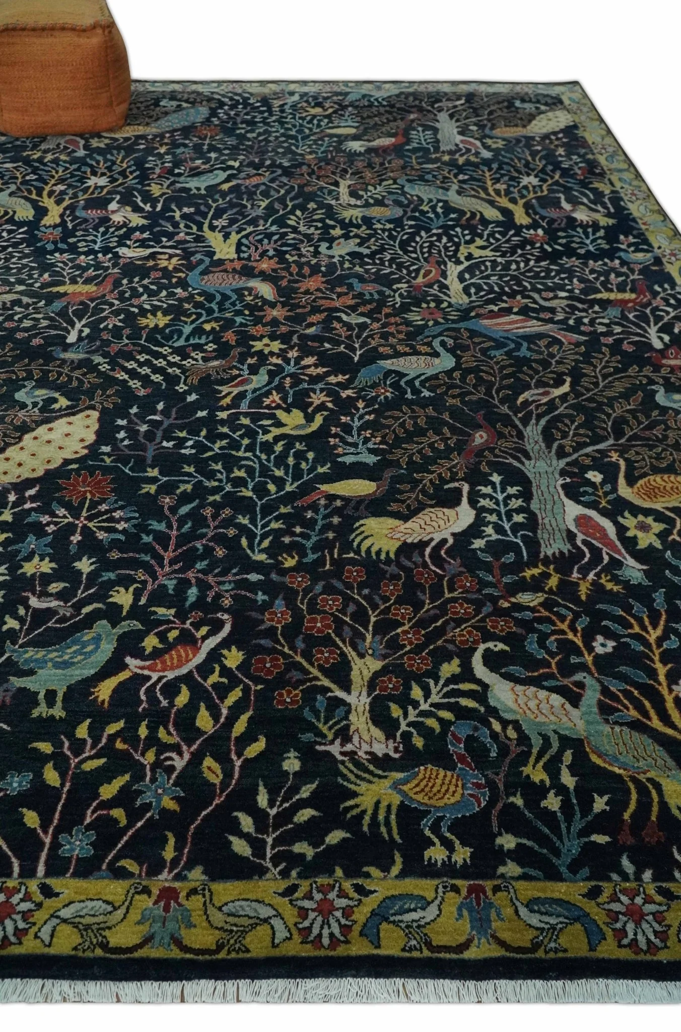 Fine The Jungle Life Peacock on tree Rug 8x10, 9x12 Hand Knotted Black and Mustard Wool Rug - Image 3