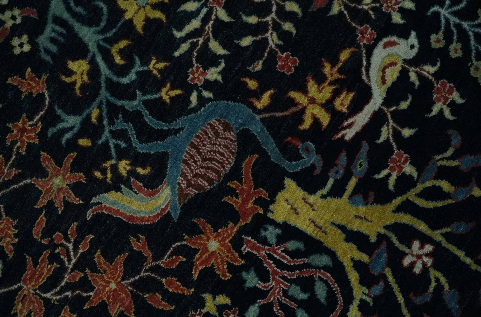 Fine The Jungle Life Peacock on tree Rug 8x10, 9x12 Hand Knotted Black and Mustard Wool Rug - Image 4