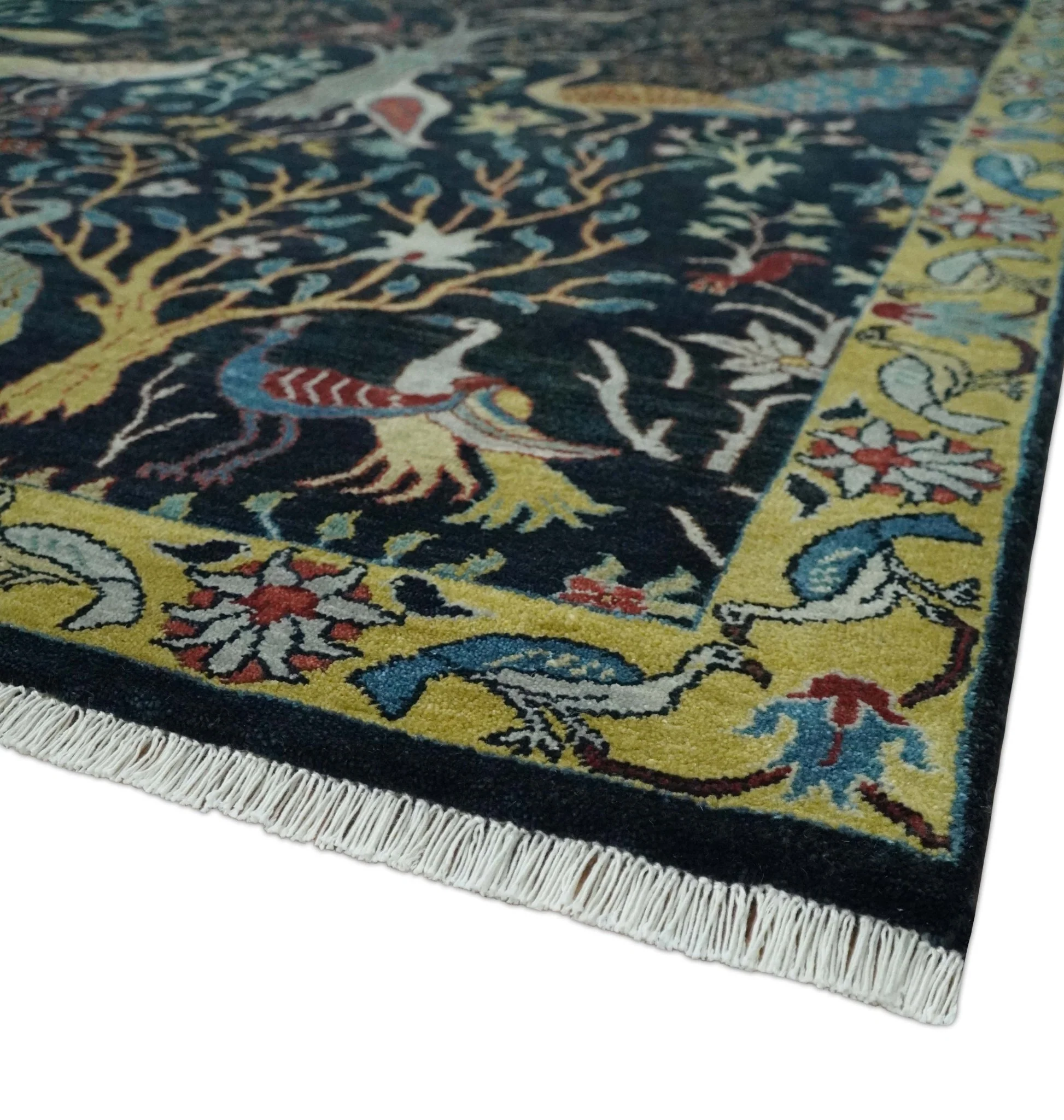 Fine The Jungle Life Peacock on tree Rug 8x10, 9x12 Hand Knotted Black and Mustard Wool Rug - Image 5