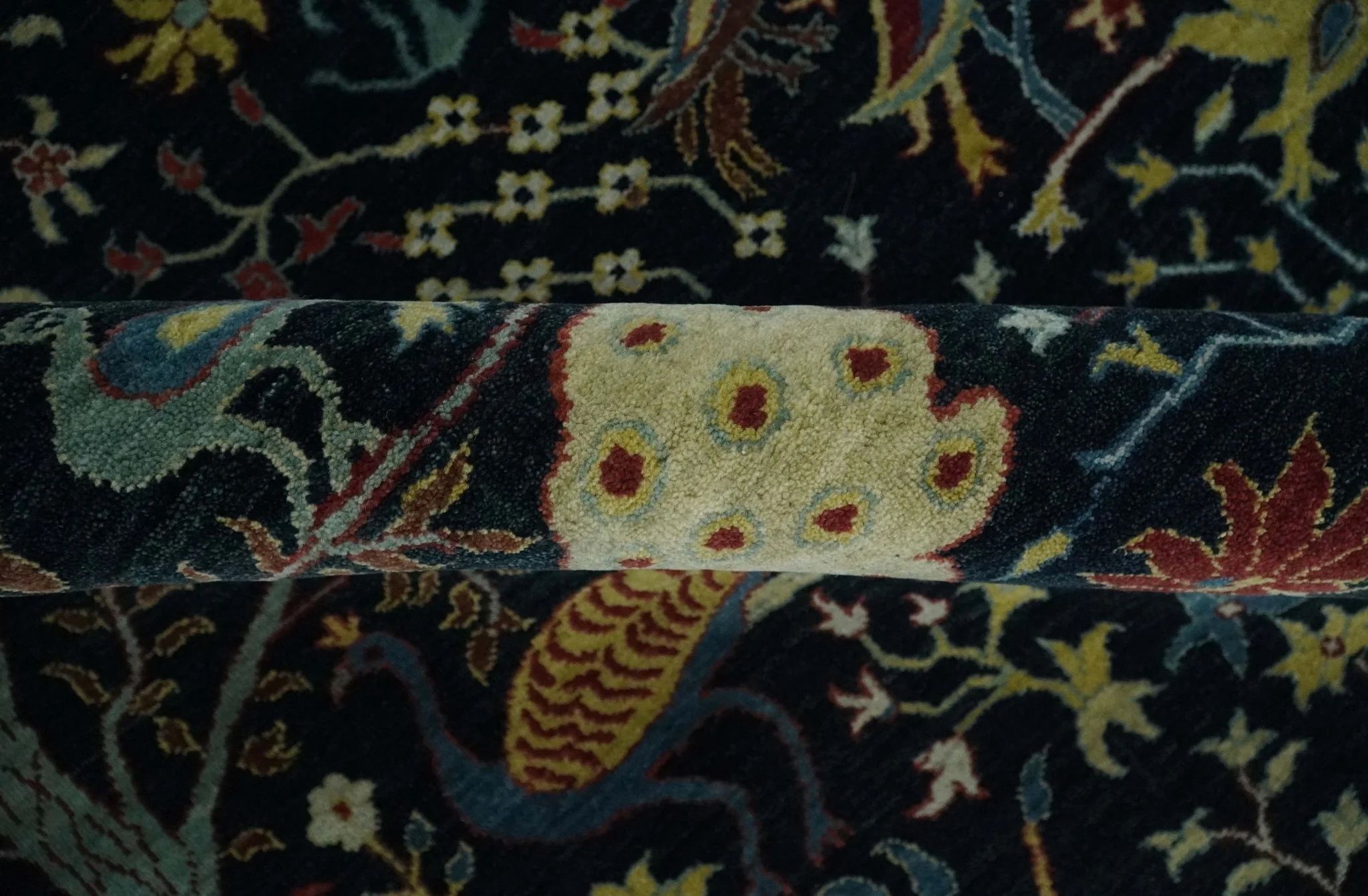 Fine The Jungle Life Peacock on tree Rug 8x10, 9x12 Hand Knotted Black and Mustard Wool Rug - Image 6