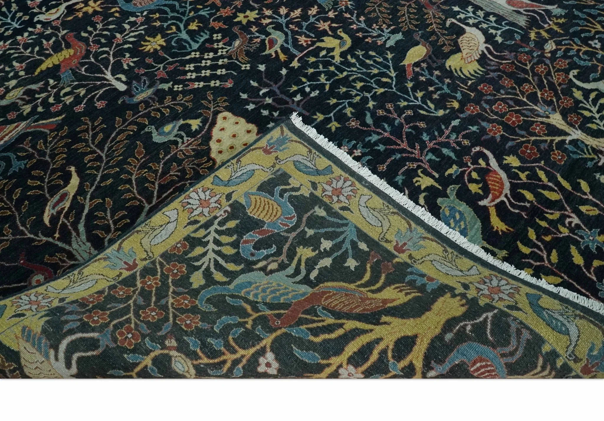 Fine The Jungle Life Peacock on tree Rug 8x10, 9x12 Hand Knotted Black and Mustard Wool Rug - Image 7