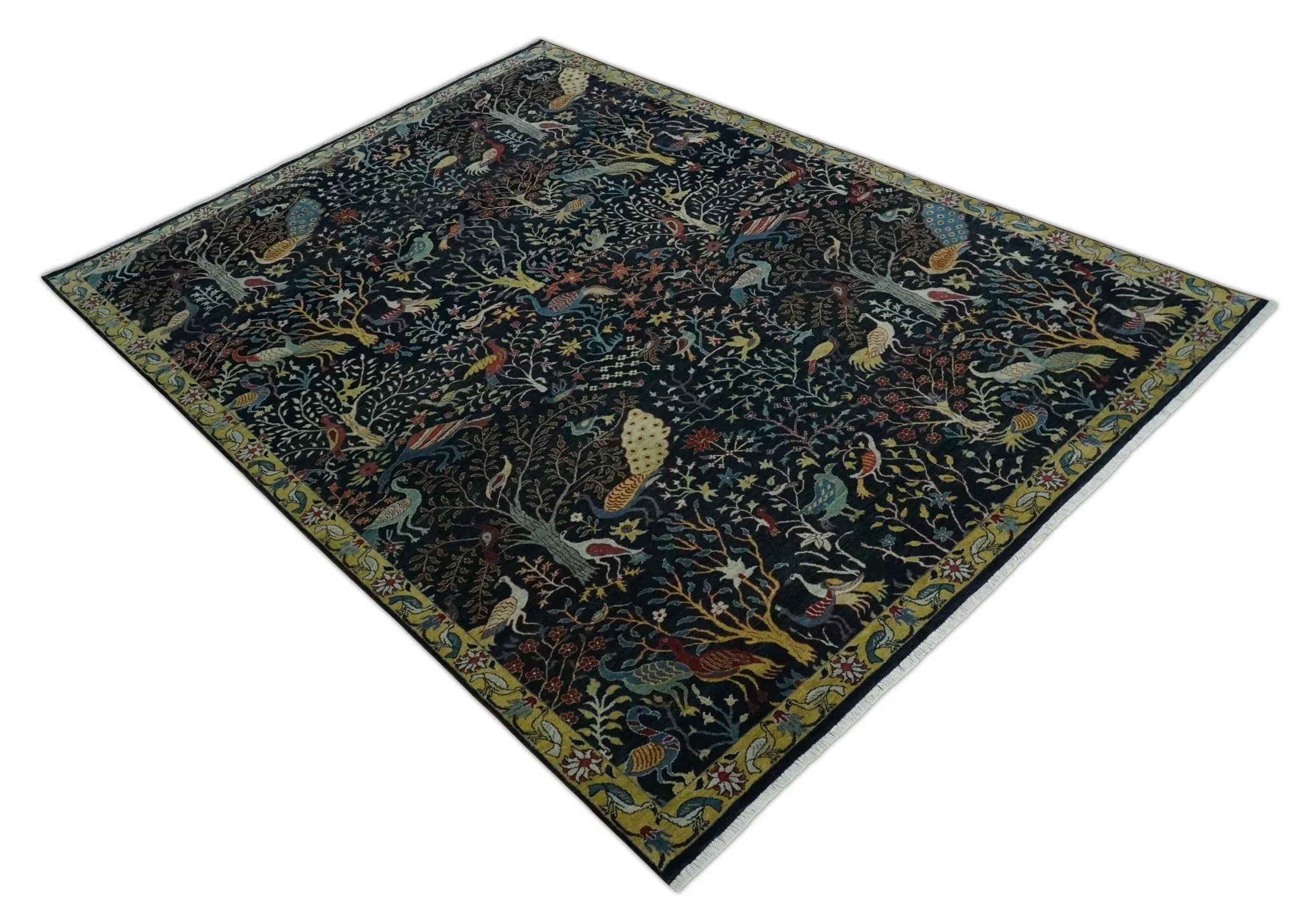 Fine The Jungle Life Peacock on tree Rug 8x10, 9x12 Hand Knotted Black and Mustard Wool Rug - Image 9