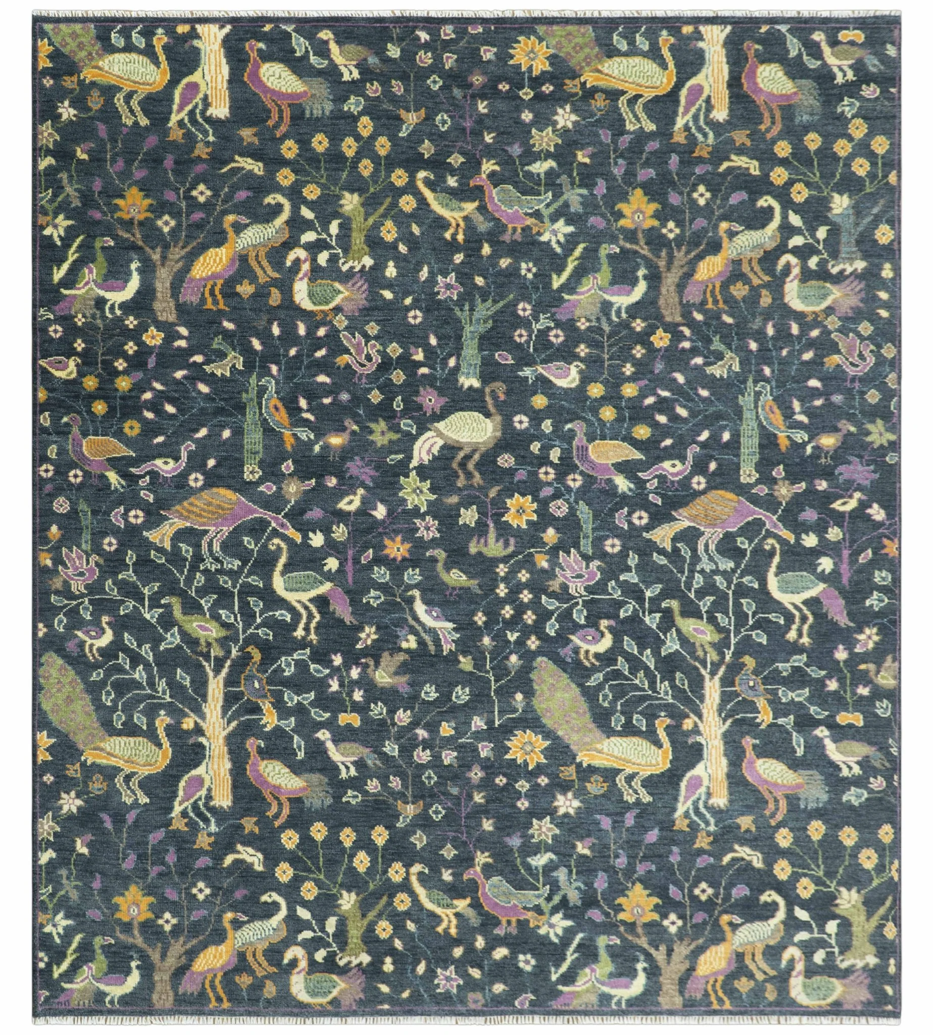 Custom Made The Jungle Life Peacock on tree Rug Hand Knotted Blue and Green Wool Rug - Image 11