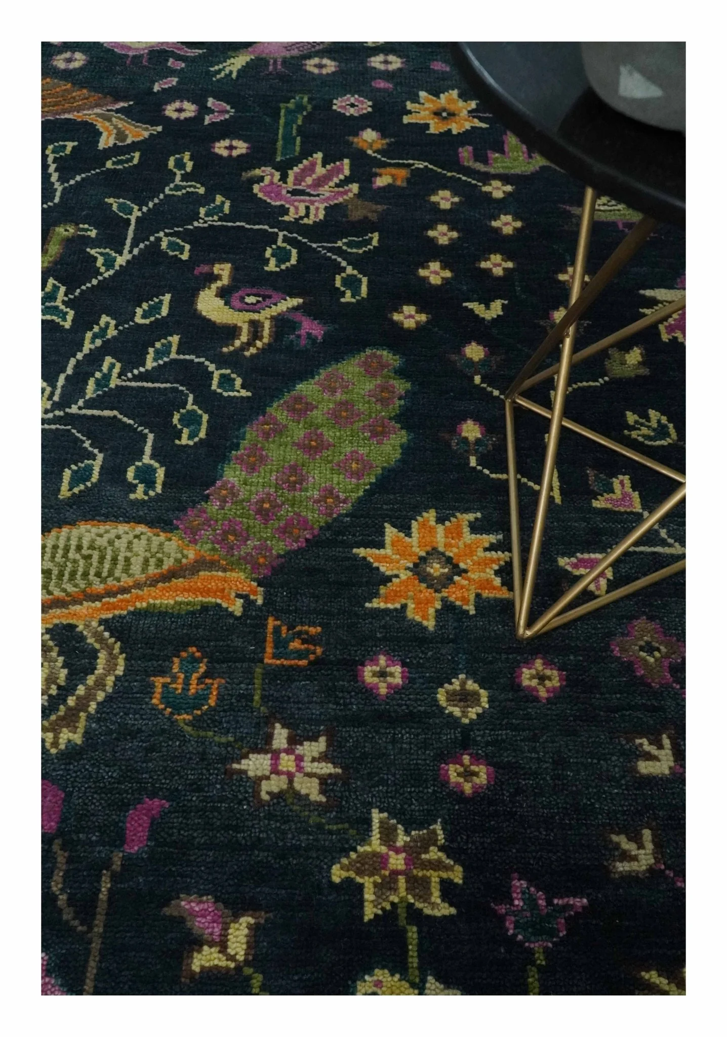 Custom Made The Jungle Life Peacock on tree Rug Hand Knotted Blue and Green Wool Rug - Image 2