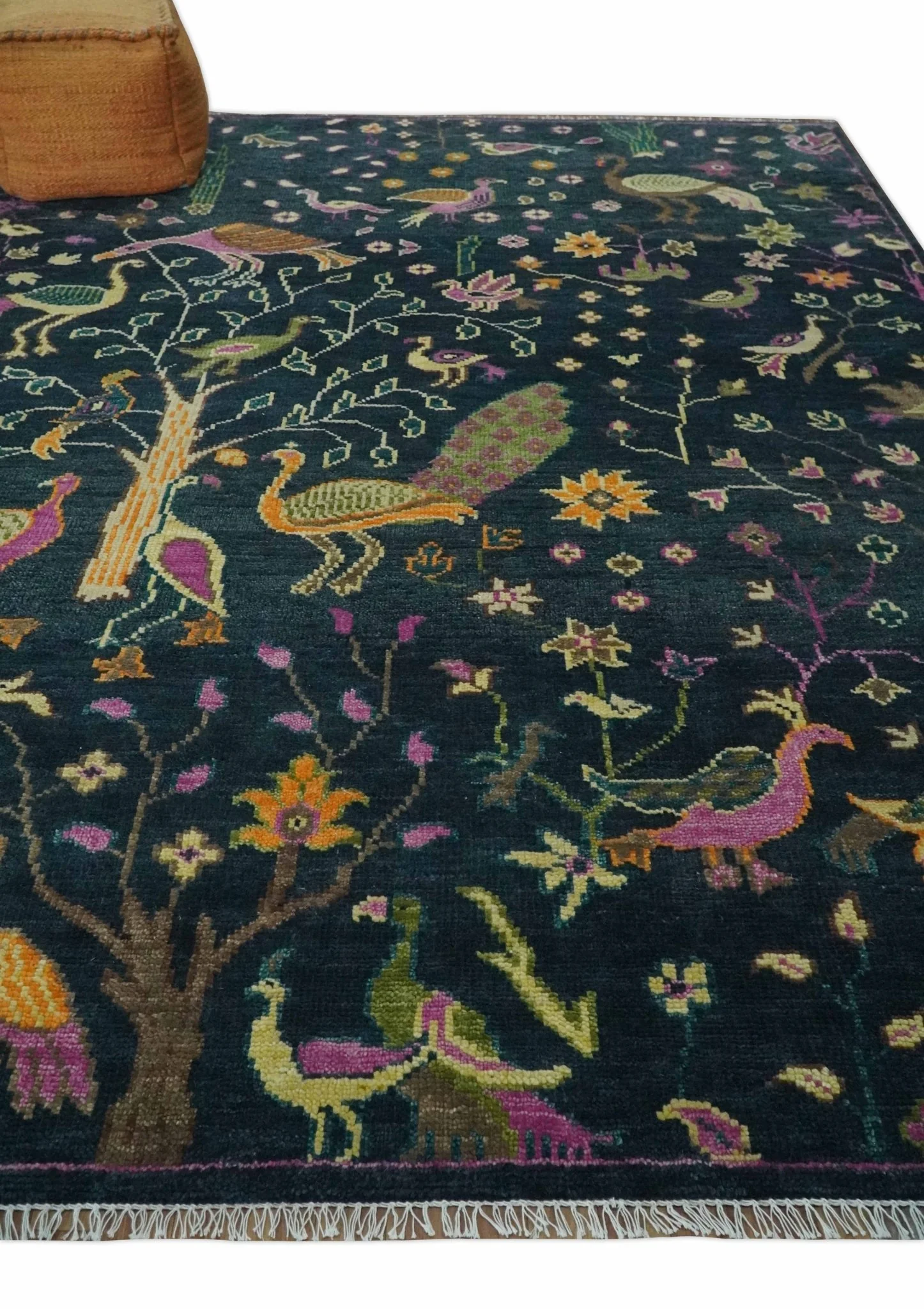 Custom Made The Jungle Life Peacock on tree Rug Hand Knotted Blue and Green Wool Rug - Image 3