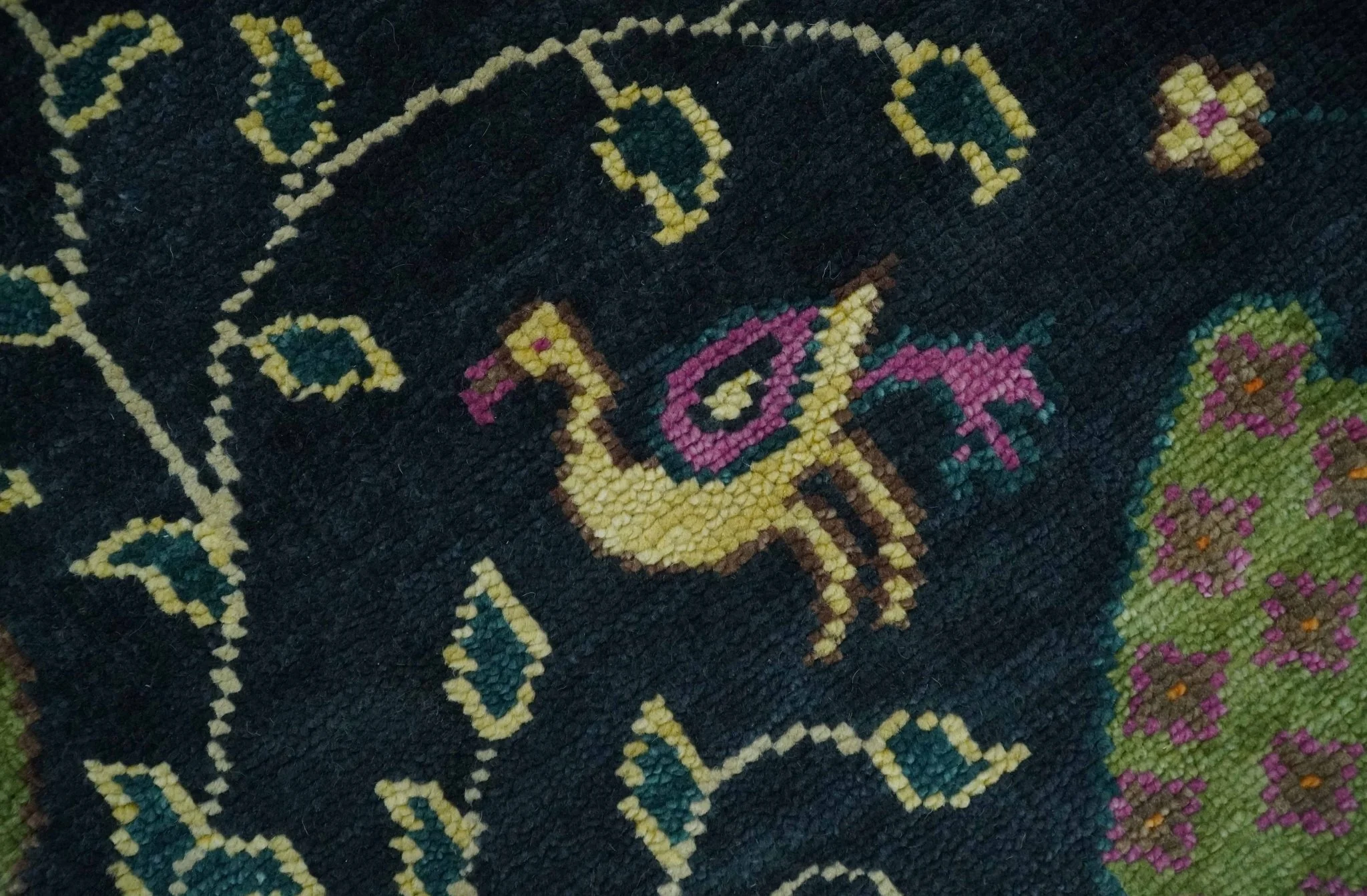 Custom Made The Jungle Life Peacock on tree Rug Hand Knotted Blue and Green Wool Rug - Image 4