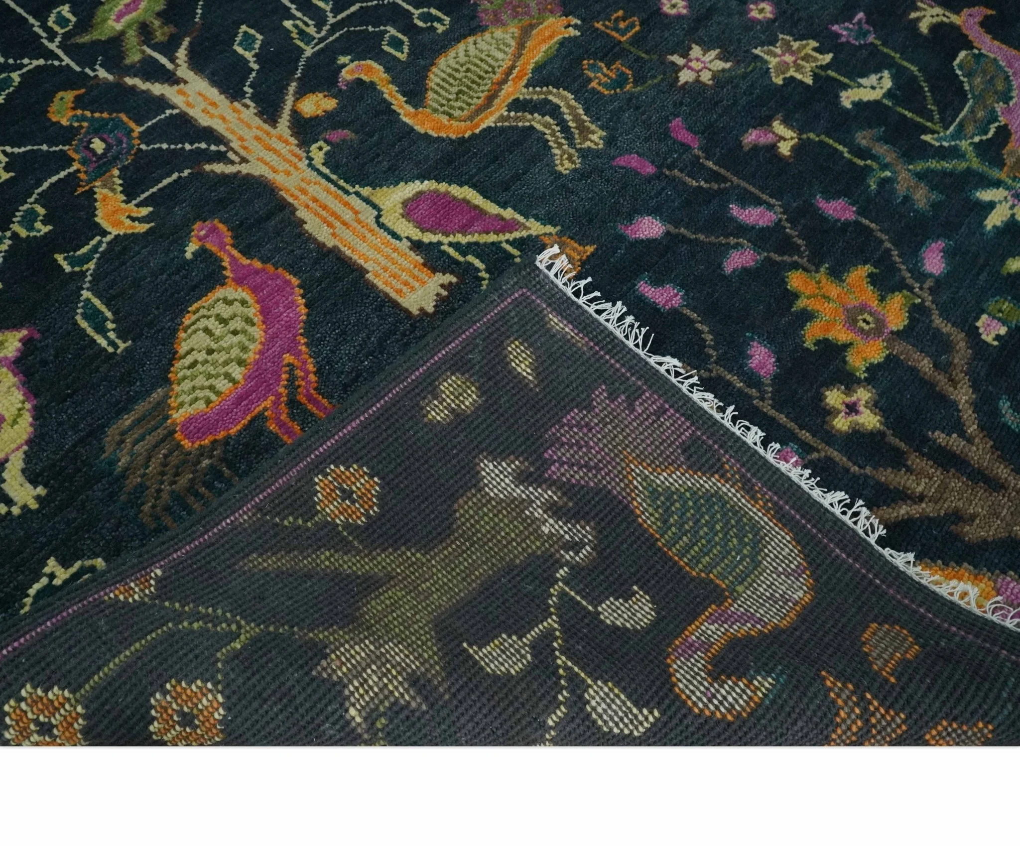 Custom Made The Jungle Life Peacock on tree Rug Hand Knotted Blue and Green Wool Rug - Image 7