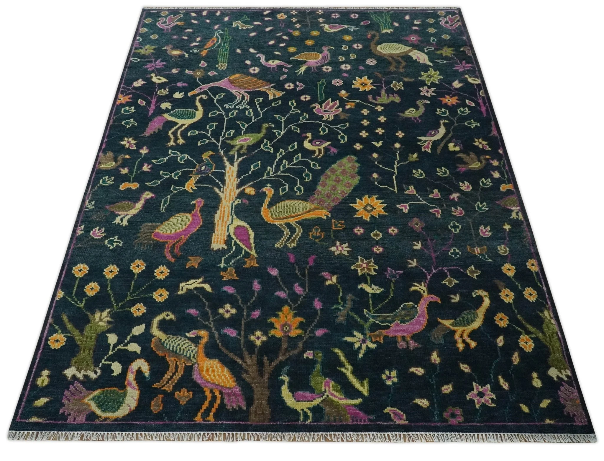 The Jungle Life Peacock on tree Rug Hand Knotted 8x10 Green Wool Rug - Image 10