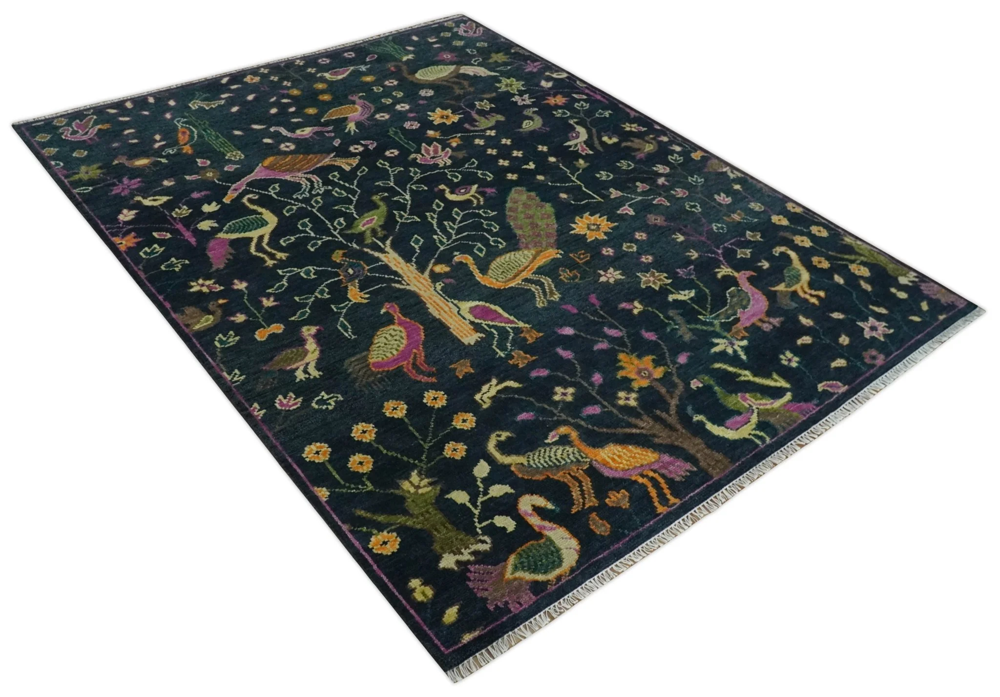 The Jungle Life Peacock on tree Rug Hand Knotted 8x10 Green Wool Rug - Image 9
