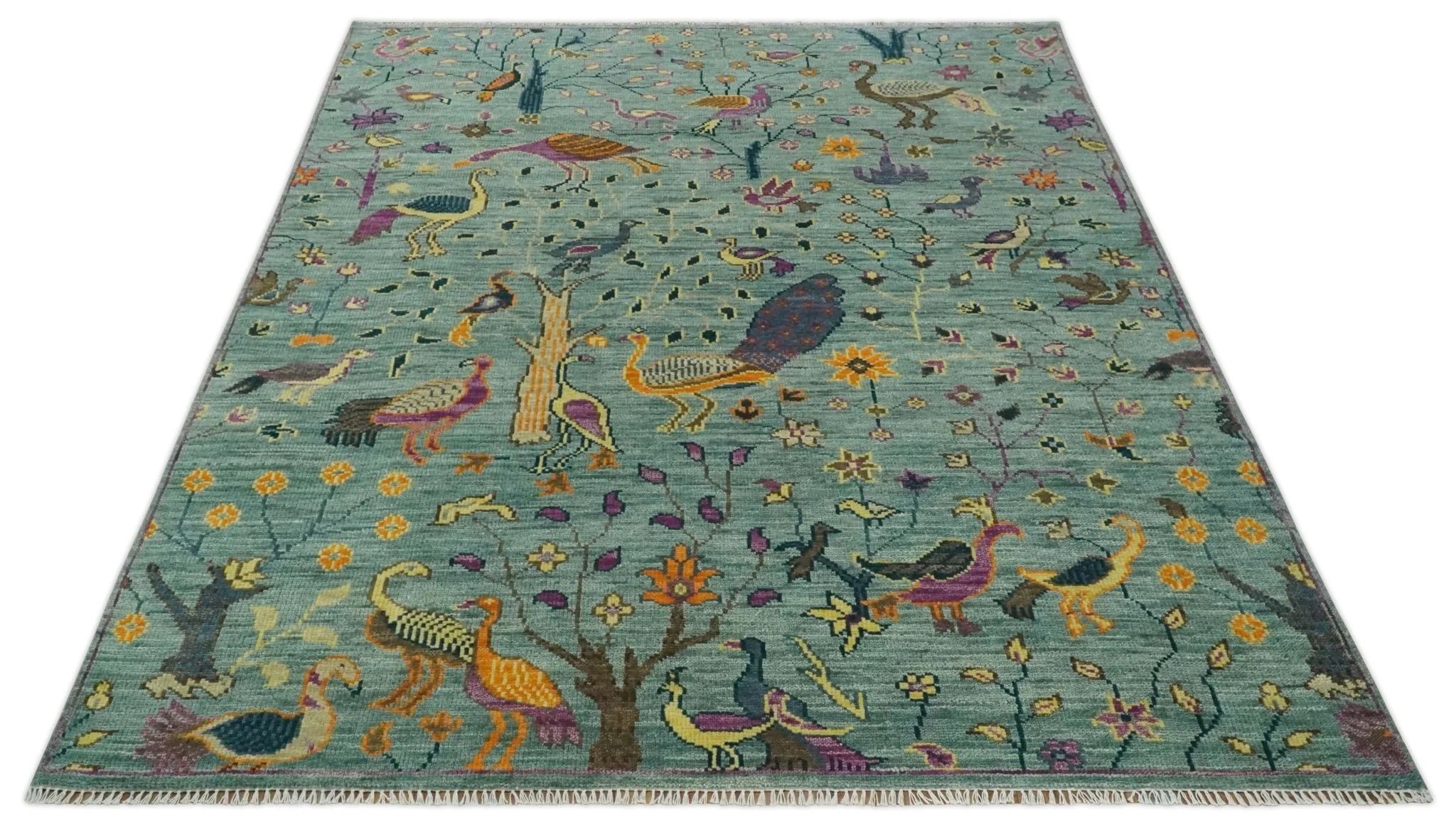 The Jungle Life Peacock Bird Rug Hand Knotted 8x10 Green Wool Rug - Image 10