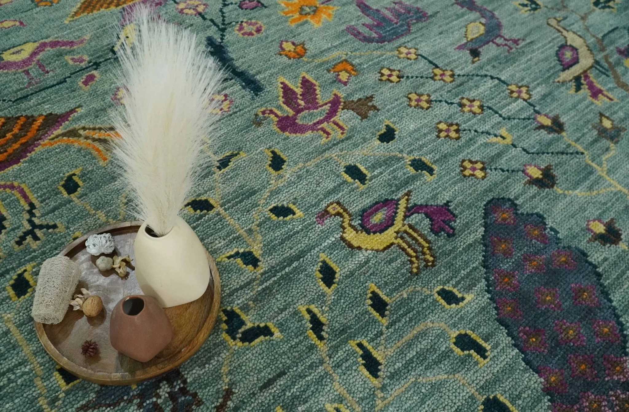 The Jungle Life Peacock Bird Rug Hand Knotted 8x10 Green Wool Rug - Image 11