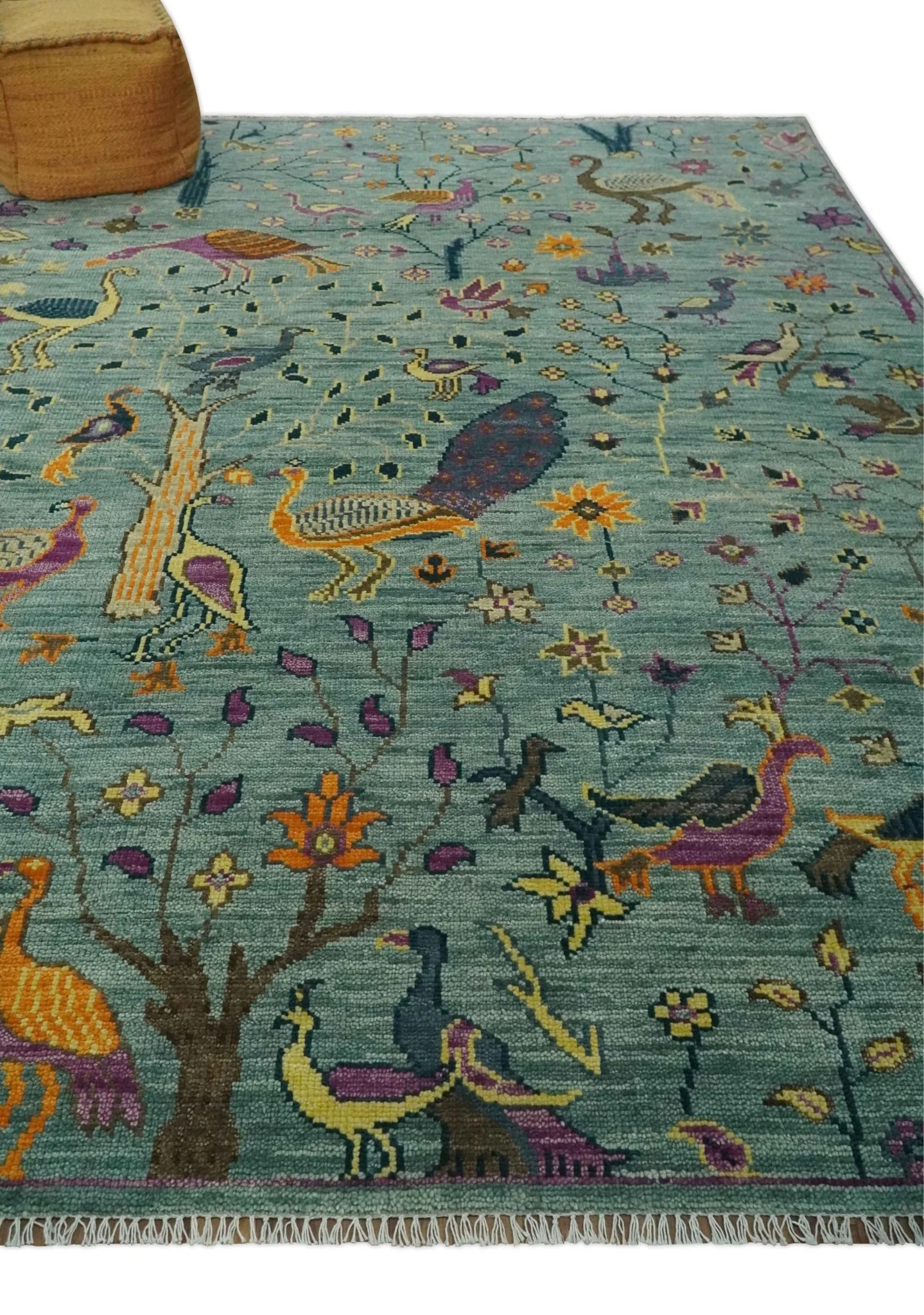 The Jungle Life Peacock Bird Rug Hand Knotted 8x10 Green Wool Rug - Image 3