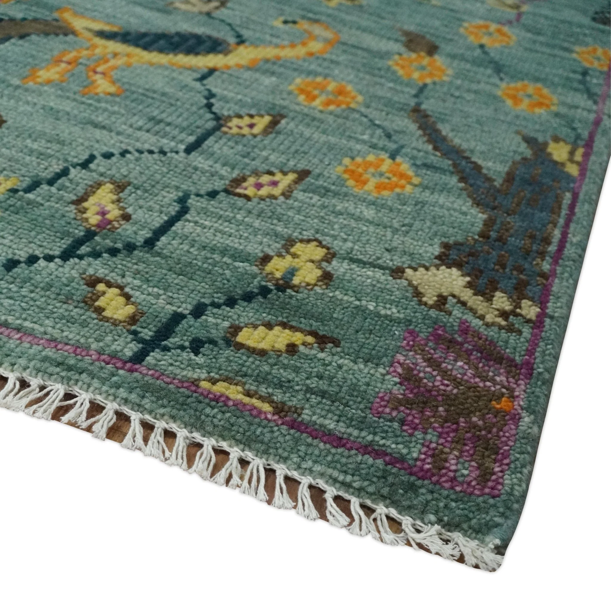 The Jungle Life Peacock Bird Rug Hand Knotted 8x10 Green Wool Rug - Image 5