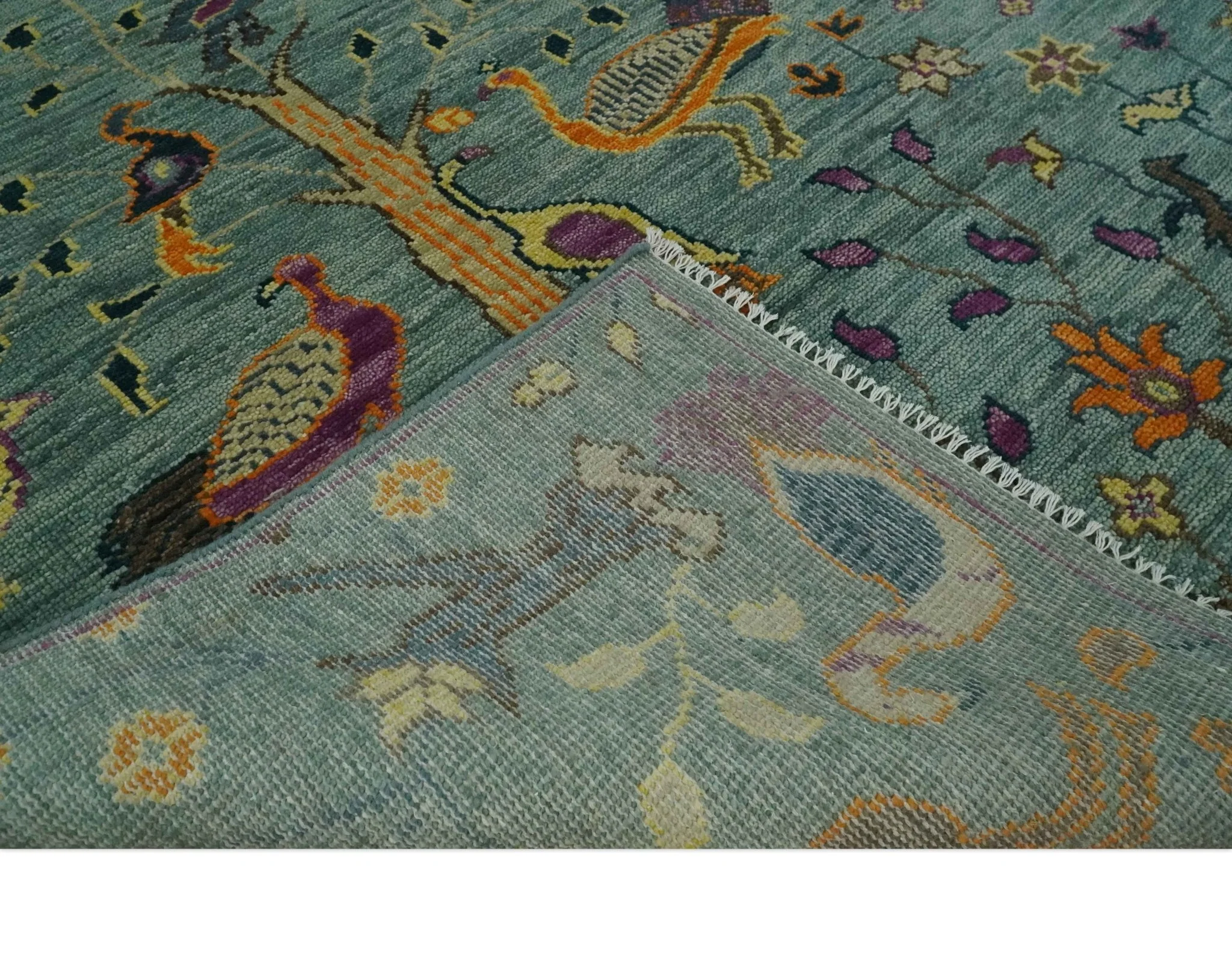 The Jungle Life Peacock Bird Rug Hand Knotted 8x10 Green Wool Rug - Image 7