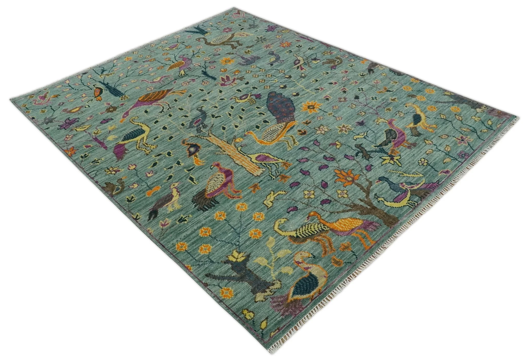 The Jungle Life Peacock Bird Rug Hand Knotted 8x10 Green Wool Rug - Image 9