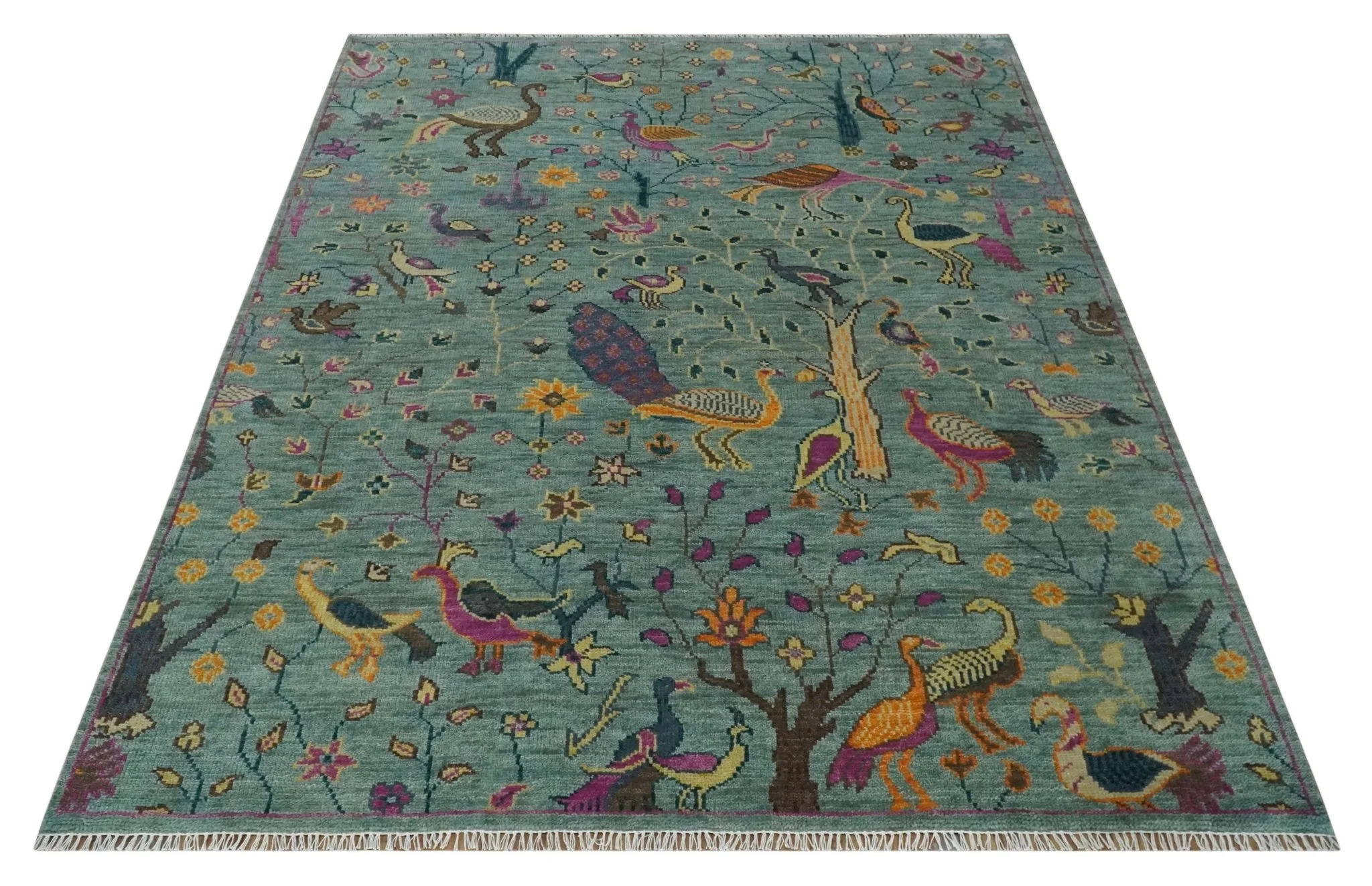 The Jungle Life Peacock on tree Rug Hand Knotted Multi Size Green Wool Rug - Image 10