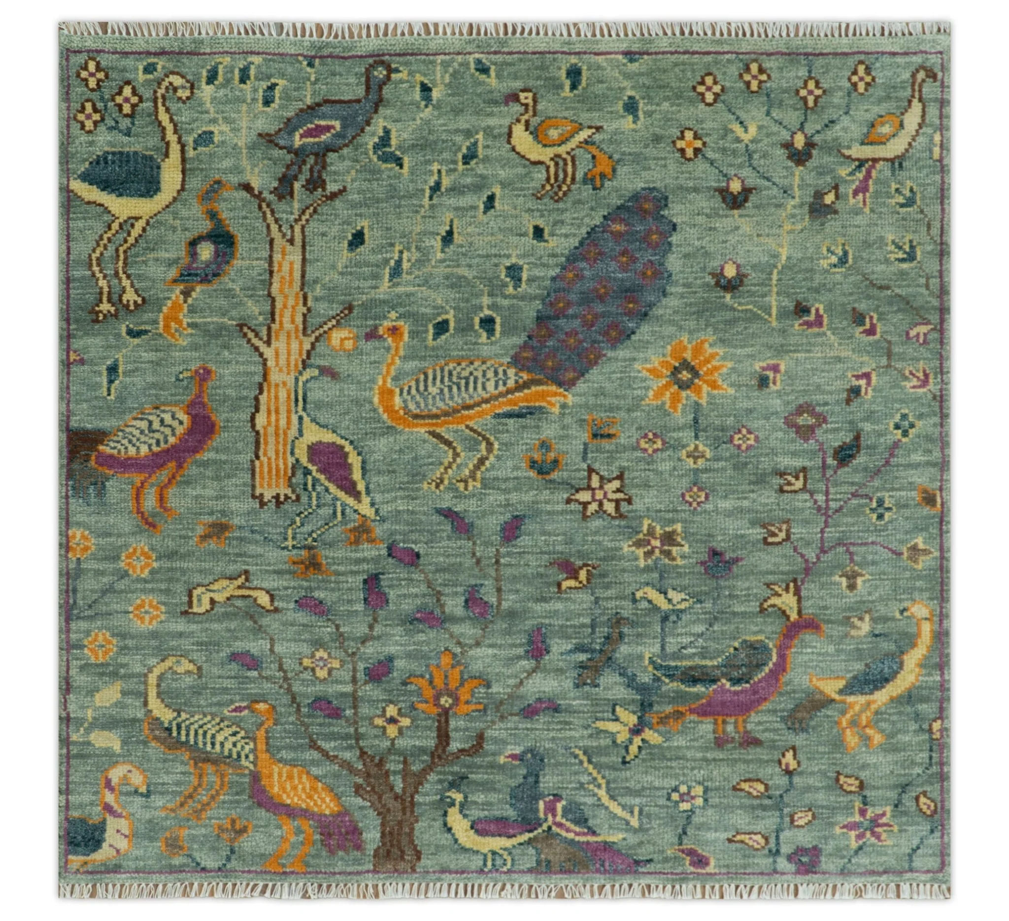 The Jungle Life Peacock on tree Rug Hand Knotted Multi Size Green Wool Rug - Image 12
