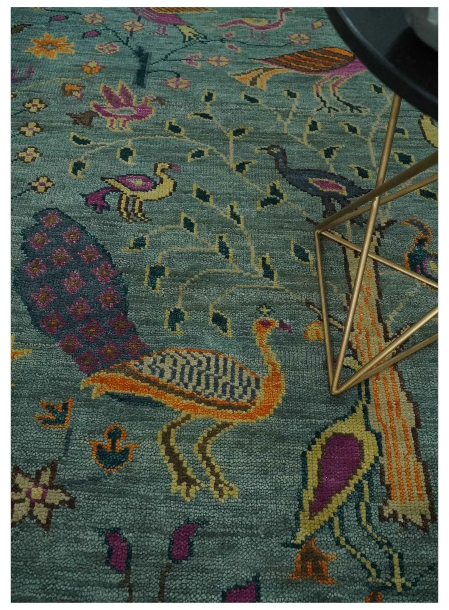 The Jungle Life Peacock on tree Rug Hand Knotted Multi Size Green Wool Rug - Image 2