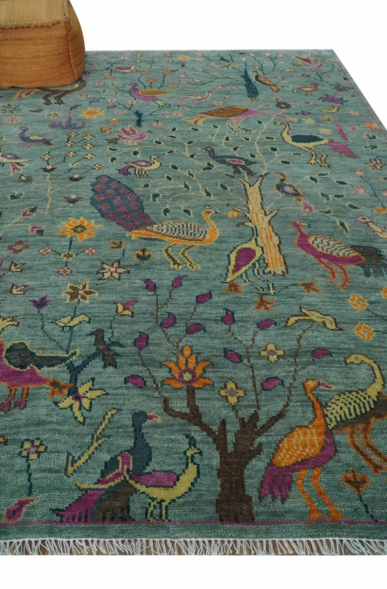 The Jungle Life Peacock on tree Rug Hand Knotted Multi Size Green Wool Rug - Image 3