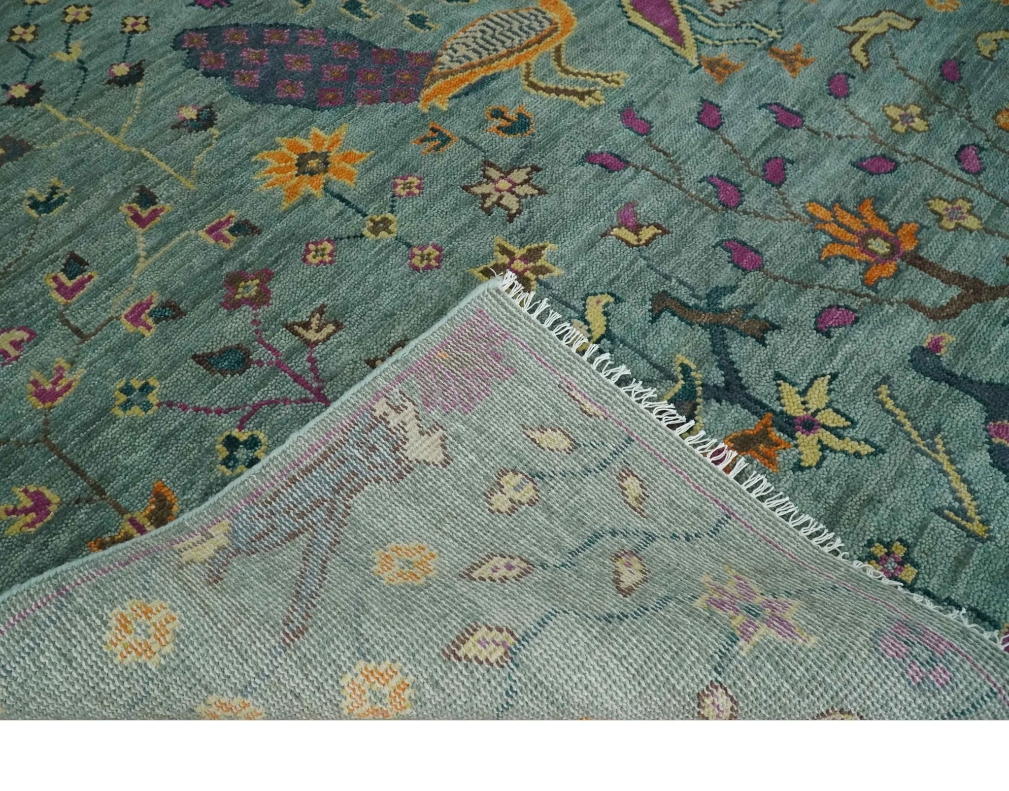 The Jungle Life Peacock on tree Rug Hand Knotted Multi Size Green Wool Rug - Image 7