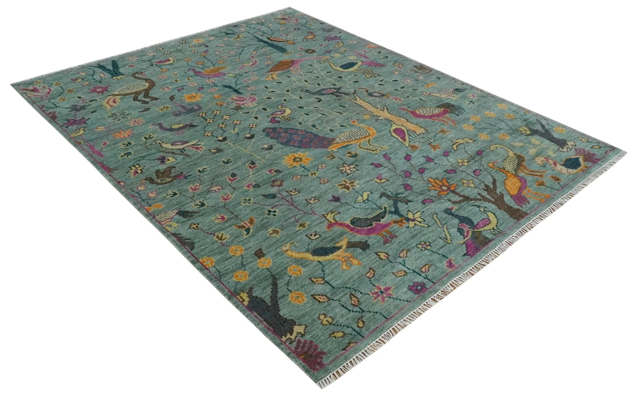 The Jungle Life Peacock on tree Rug Hand Knotted Multi Size Green Wool Rug - Image 9