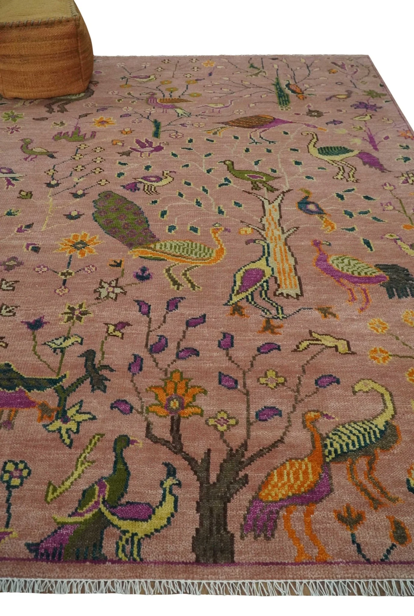 The Jungle Life Peacock on tree Rug Hand Knotted Multi Size Peach Wool Rug - Image 3