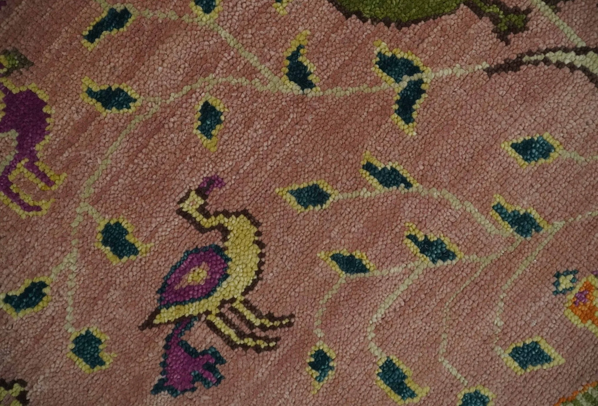 The Jungle Life Peacock on tree Rug Hand Knotted Multi Size Peach Wool Rug - Image 4