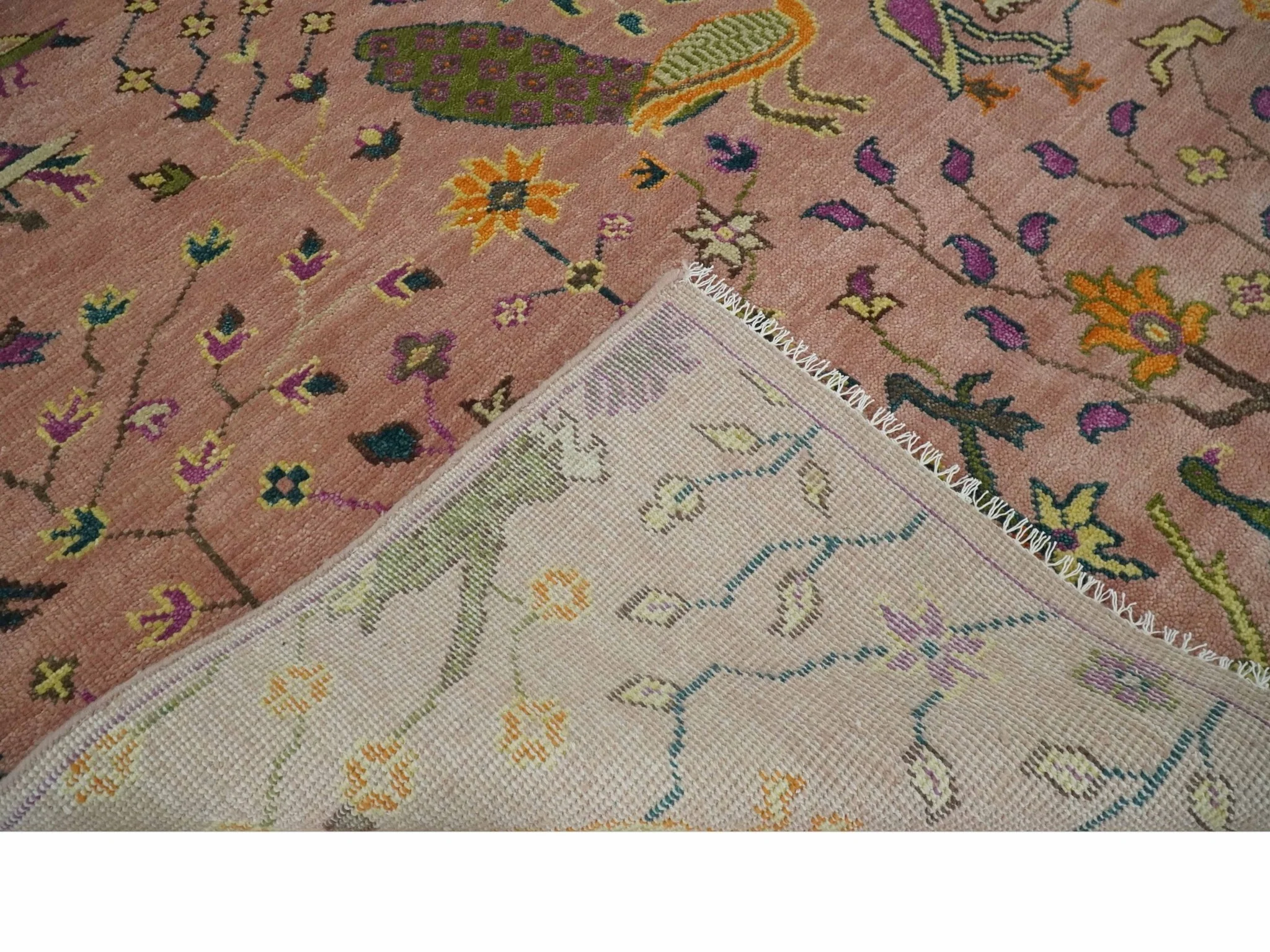 The Jungle Life Peacock on tree Rug Hand Knotted Multi Size Peach Wool Rug - Image 7