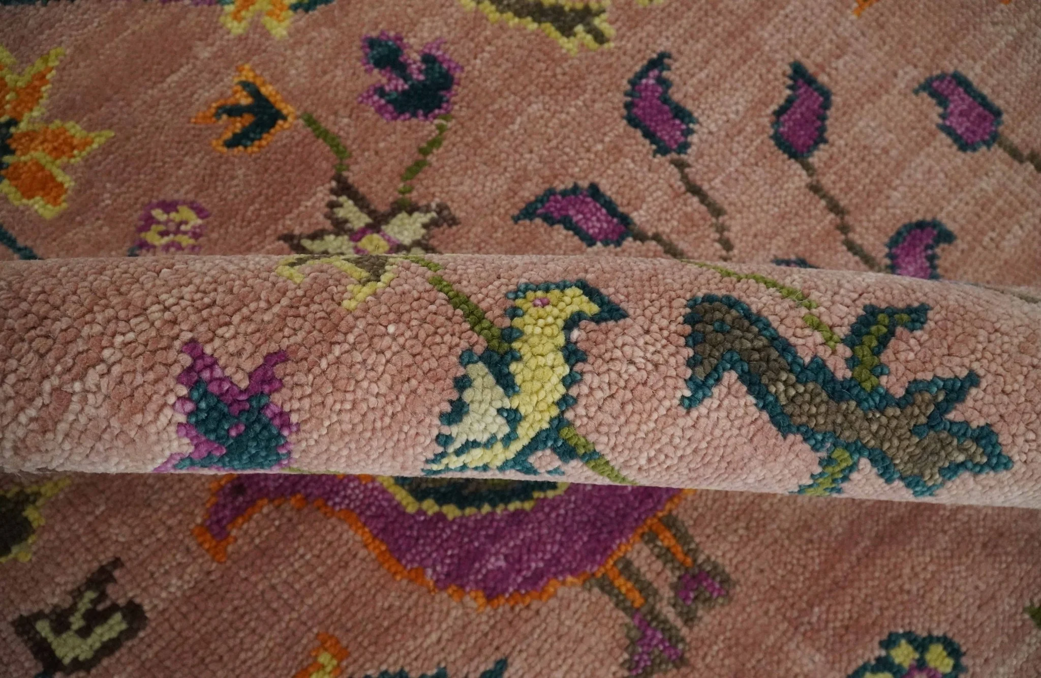 The Jungle Life Peacock on tree Rug Hand Knotted Multi Size Peach Wool Rug - Image 8