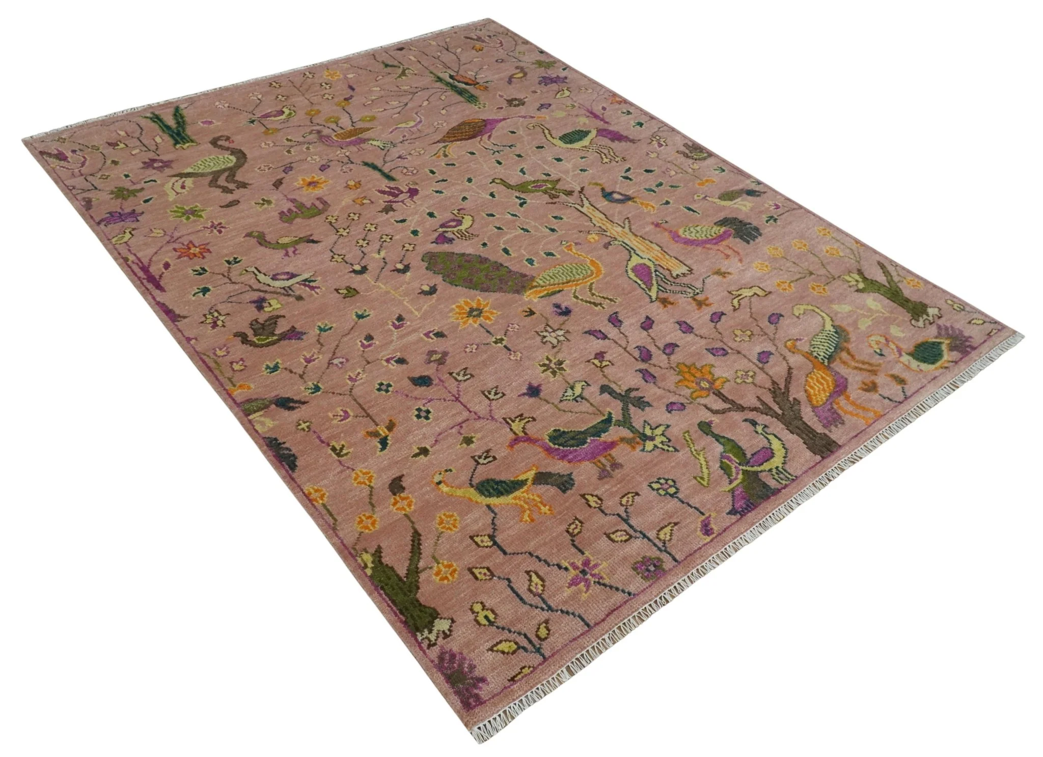 The Jungle Life Peacock on tree Rug Hand Knotted Multi Size Peach Wool Rug - Image 9
