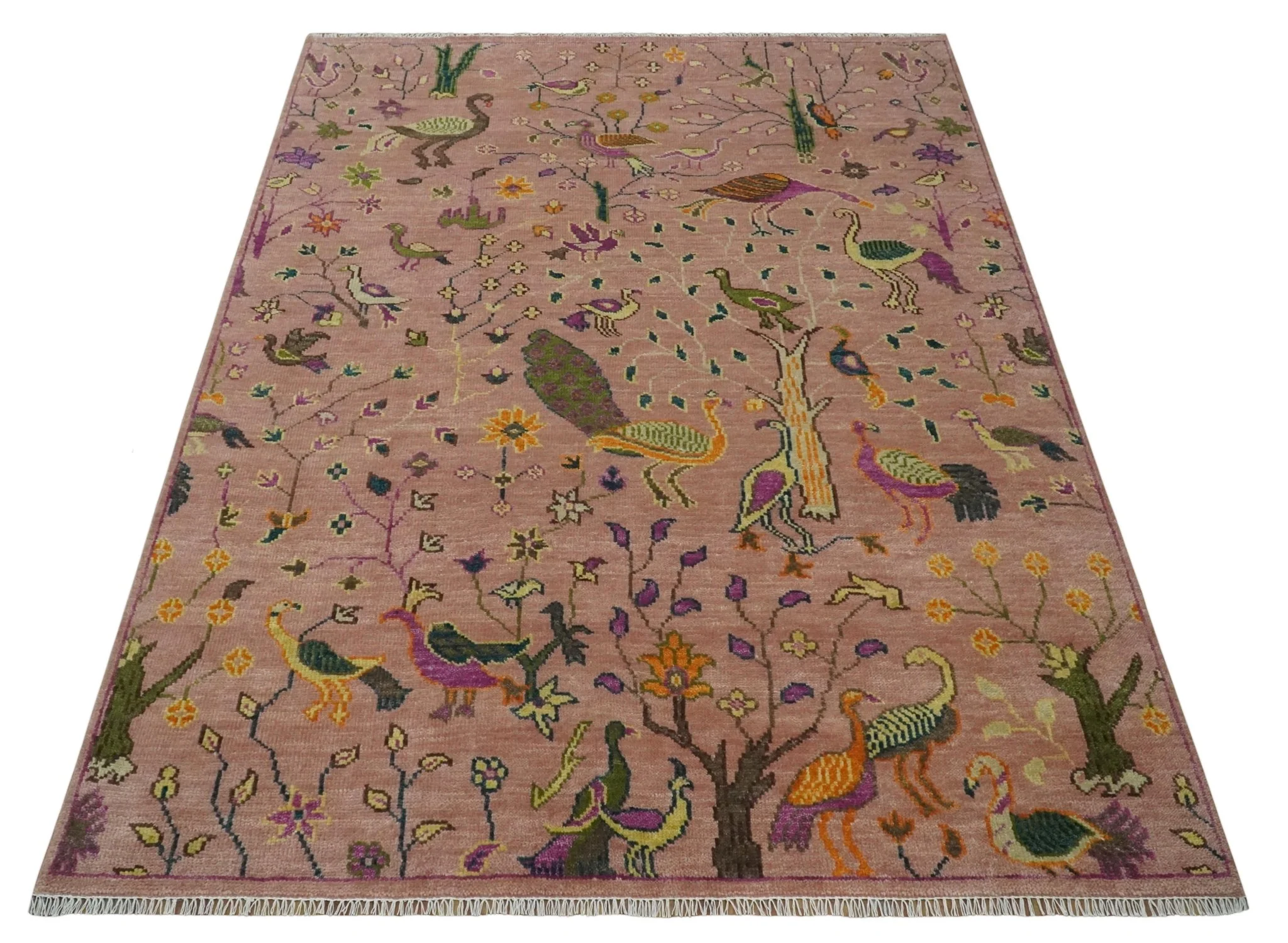 The Jungle Life Peacock on tree Rug Hand Knotted 8x10 Peach Wool Rug - Image 10