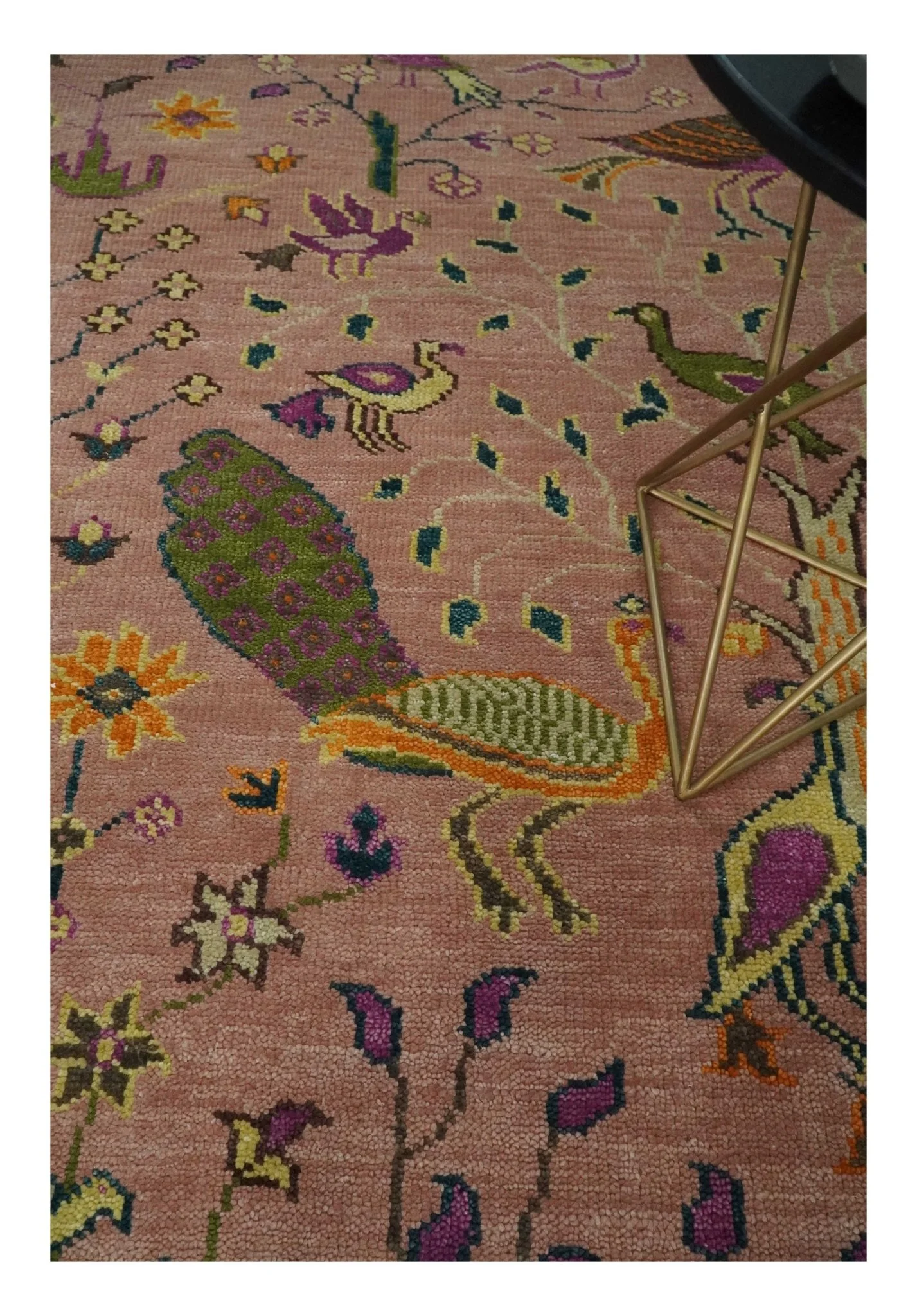 The Jungle Life Peacock on tree Rug Hand Knotted 8x10 Peach Wool Rug - Image 2