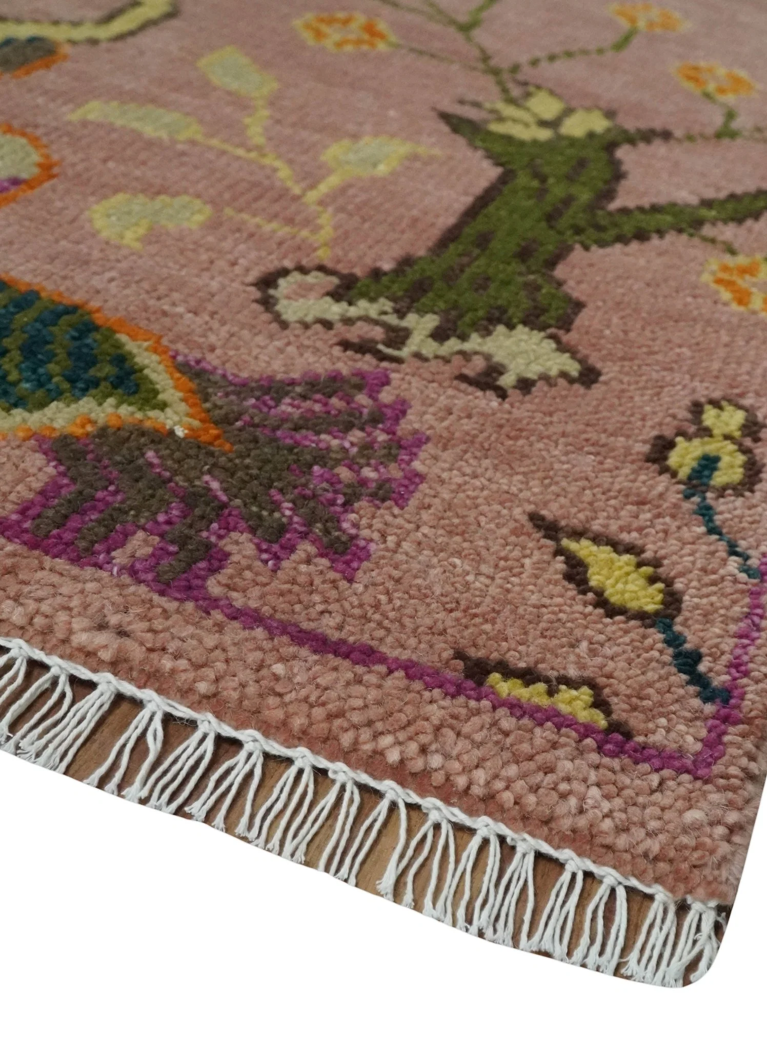 The Jungle Life Peacock on tree Rug Hand Knotted 8x10 Peach Wool Rug - Image 5