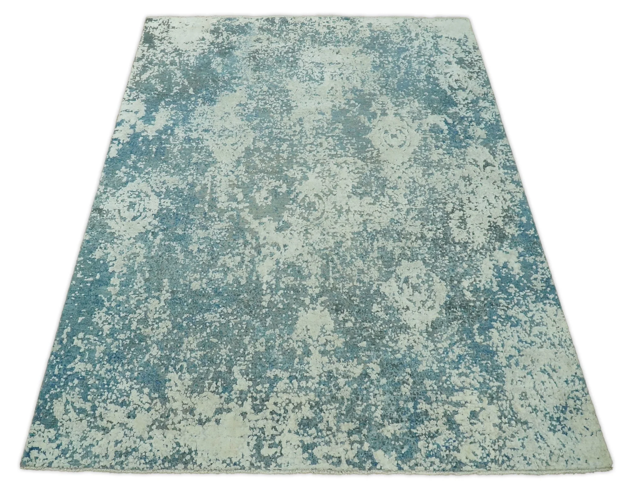 8x10 Silver and Green Pure Silk and Wool Abstract Area Rug | TRD1657810 - Image 5
