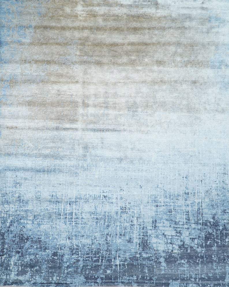 Handmade Modern Abstract Blue and Silver bamboo Silk 8x10 Area Rug I SK35810 - Image 3