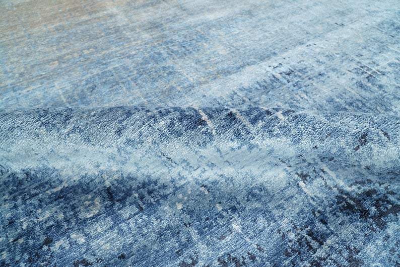 Handmade Modern Abstract Blue and Silver bamboo Silk 8x10 Area Rug I SK35810 - Image 9