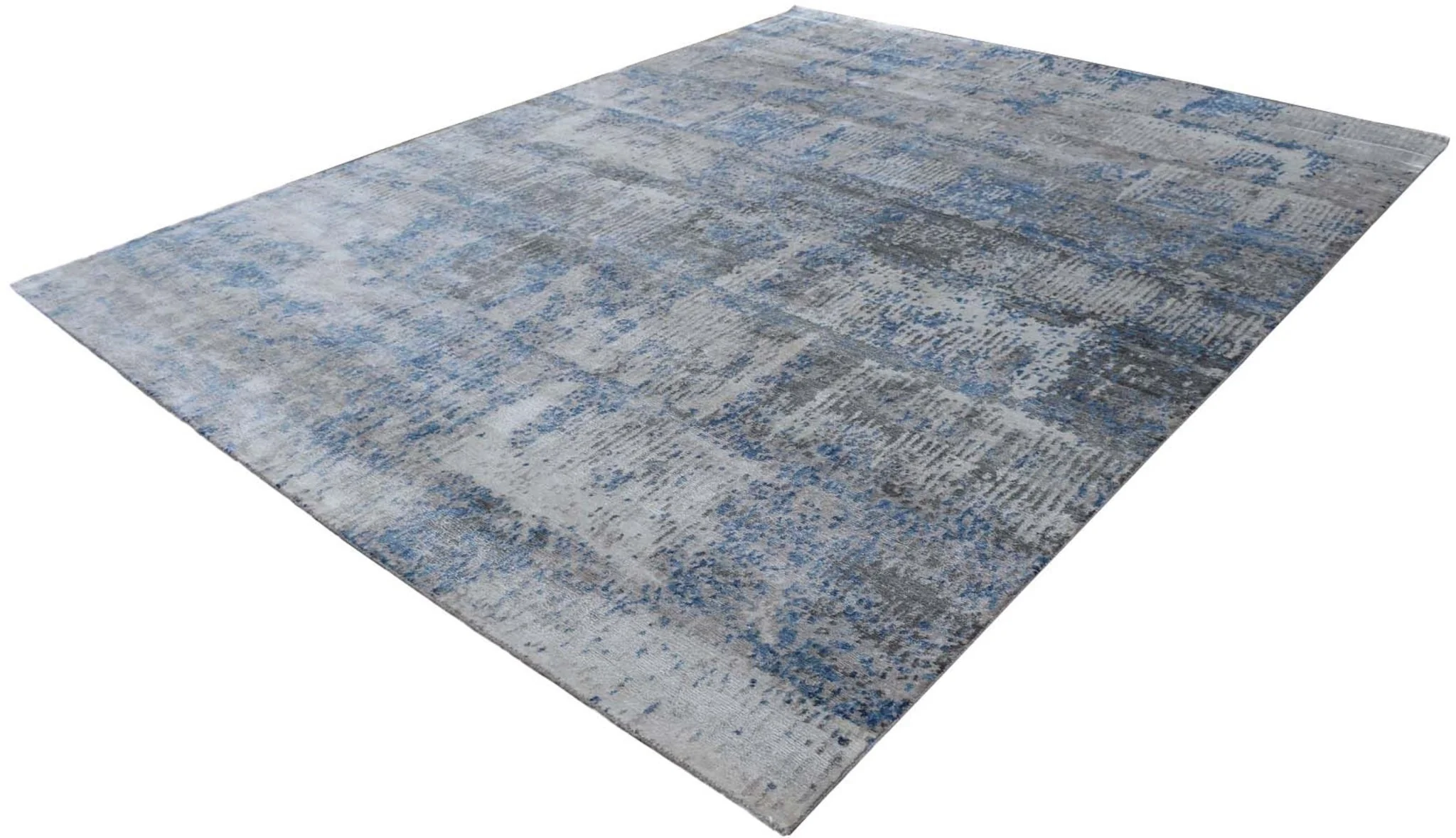 Abstract Handmade Silver and Blue Bamboo Silk 8x10 Area Rug | TRD1689810 - Image 4