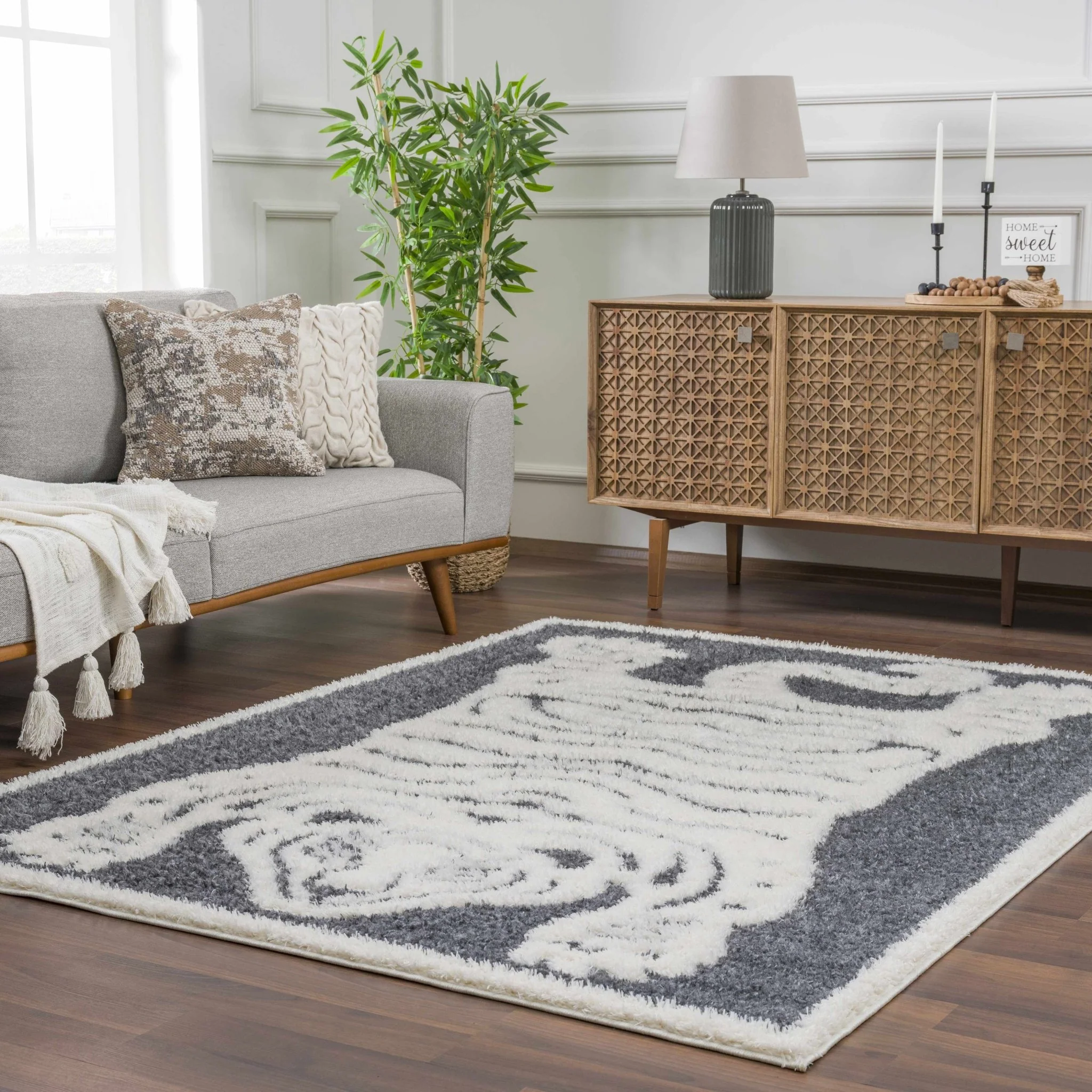 Tibetan Tiger Design Ivory and Charcoal Plush Pile Area Rug - Image 12