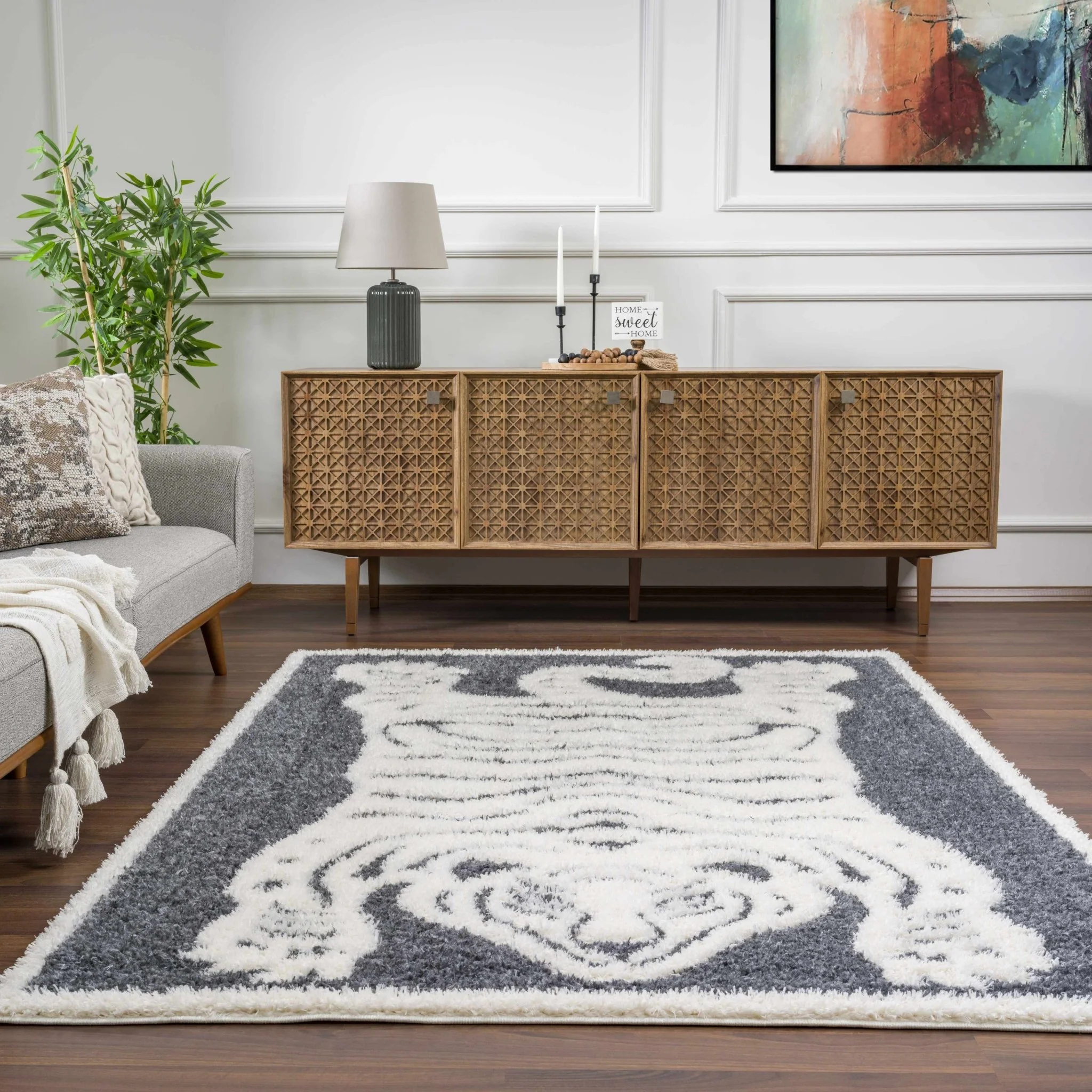 Tibetan Tiger Design Ivory and Charcoal Plush Pile Area Rug - Image 14