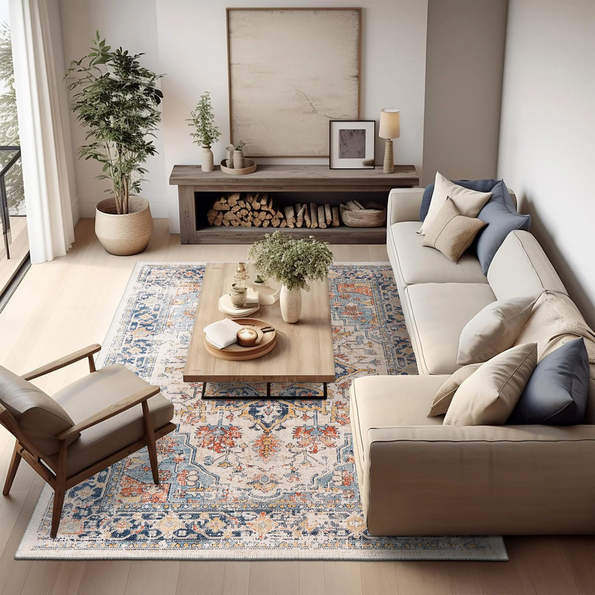 Traditional Beige And Blue Machine Washable Cotton Rug - Image 2