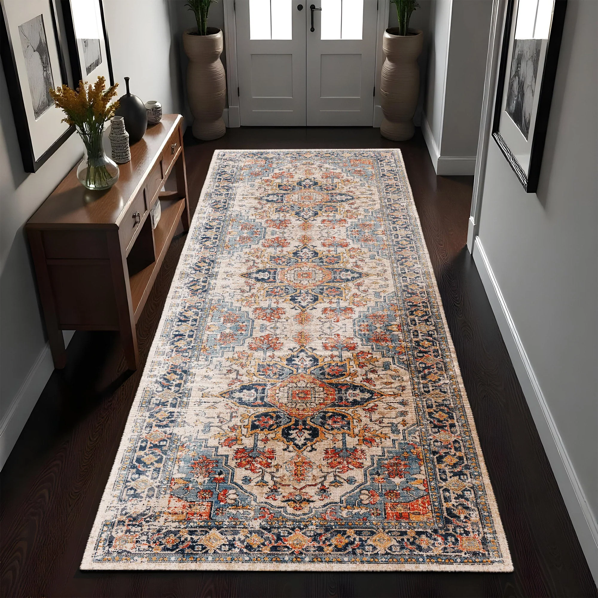 Traditional Beige And Blue Machine Washable Cotton Rug - Image 5