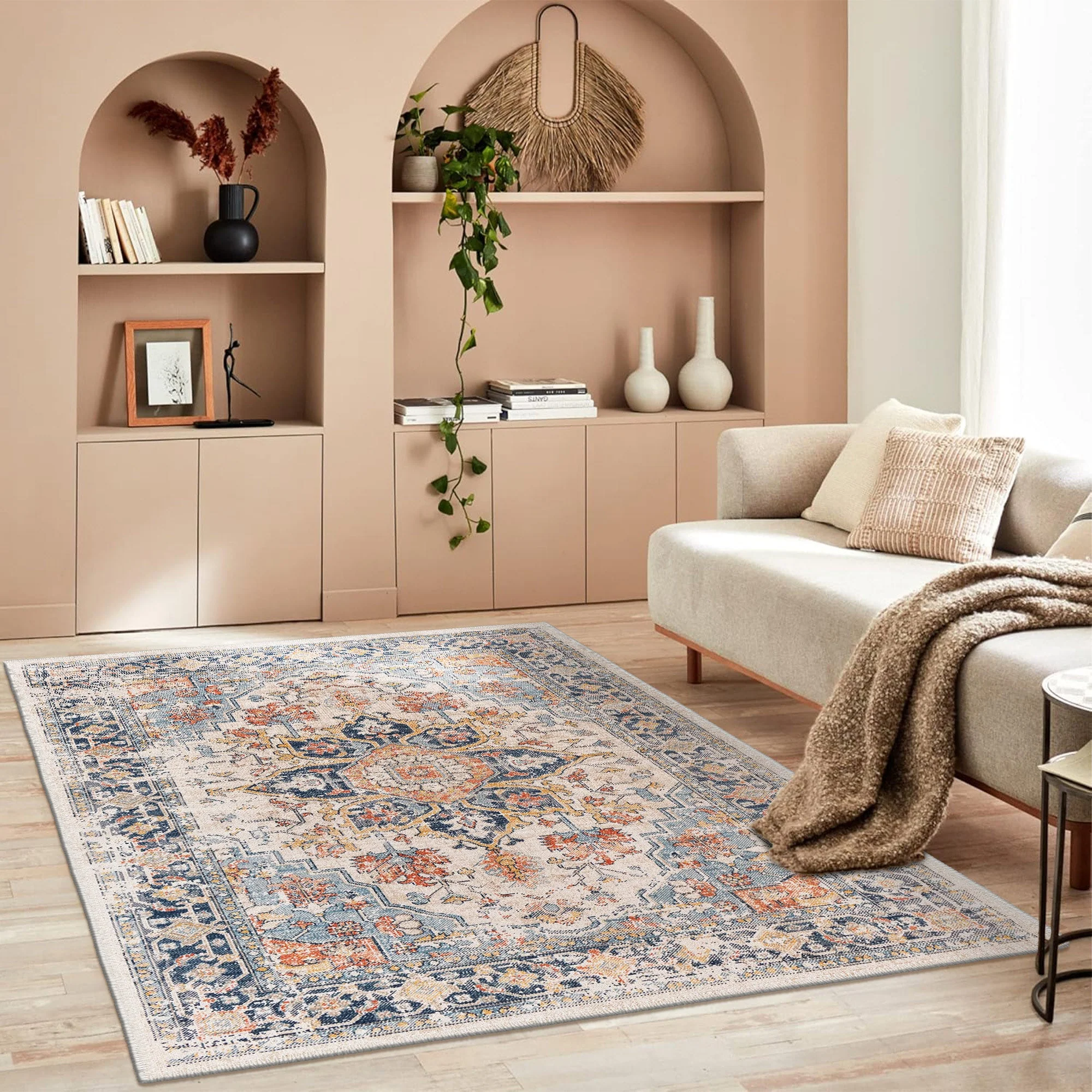 Traditional Beige And Blue Machine Washable Cotton Rug - Image 6