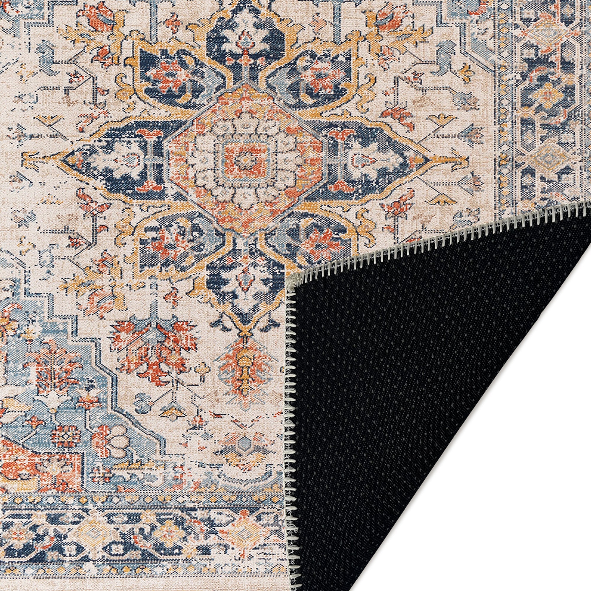 Traditional Beige And Blue Machine Washable Cotton Rug - Image 7