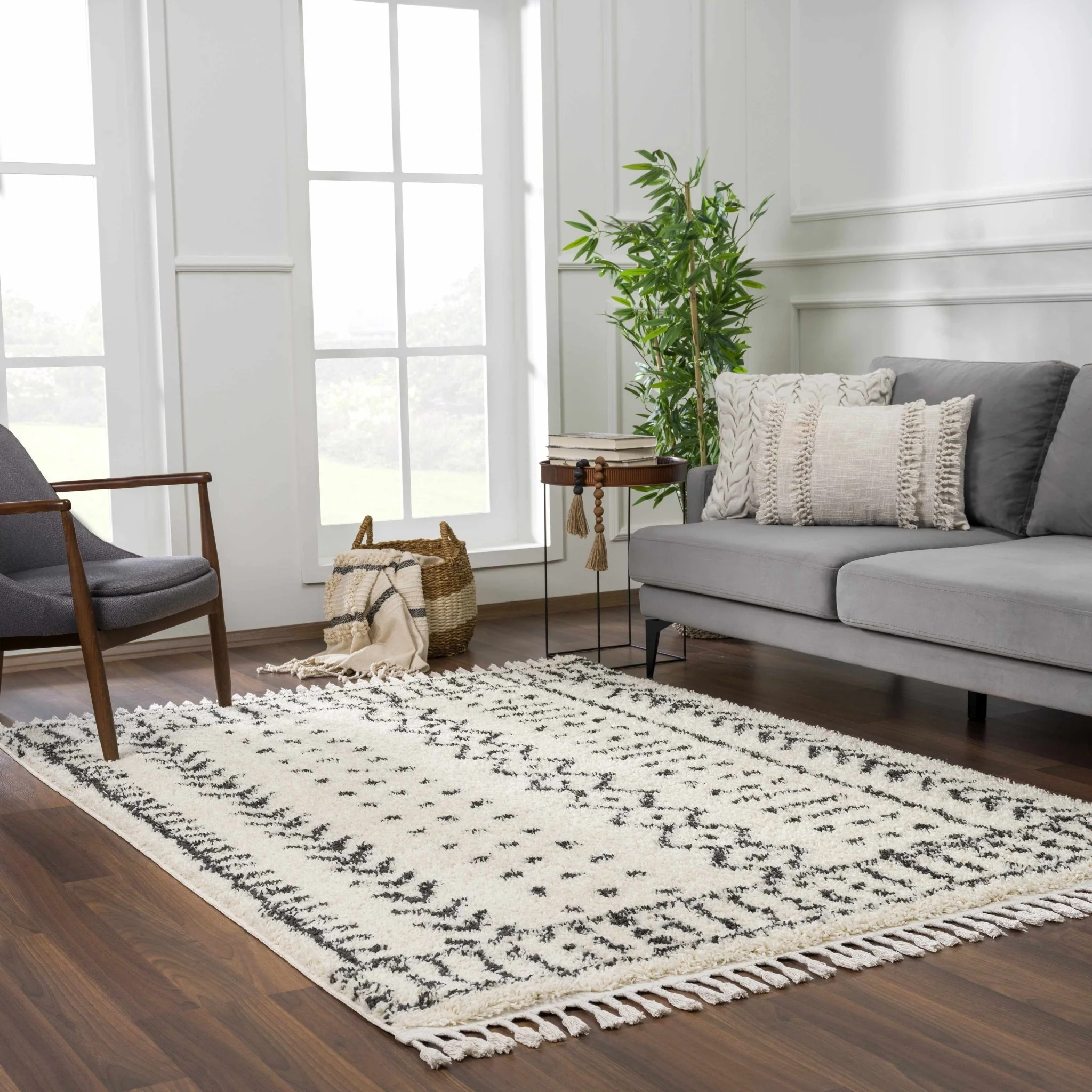 Traditional Beige and Charcoal Machine Woven Moroccan Multi size Tribal Trellis Plush Pile Turkish Rug - Image 18